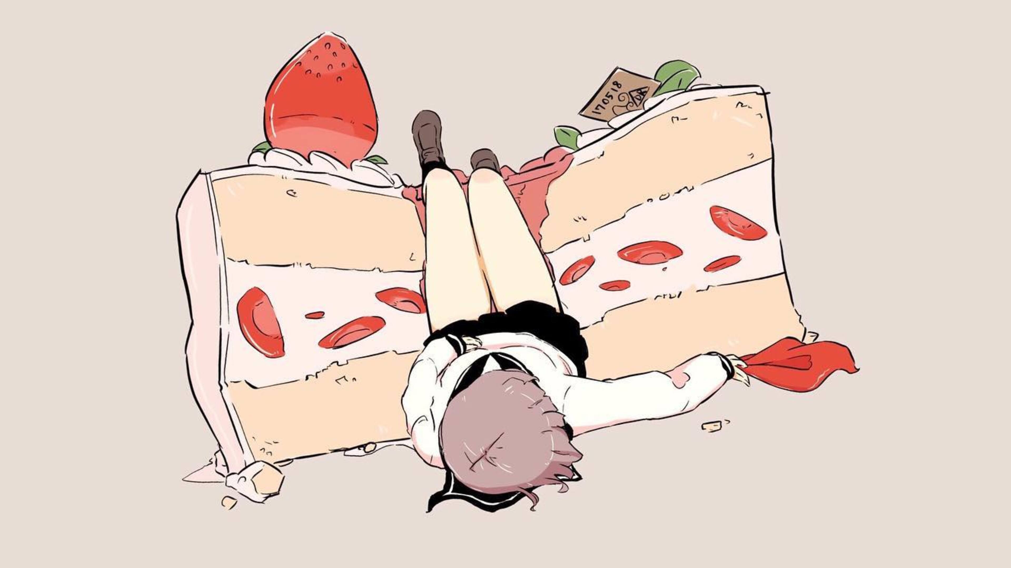Daisukerichard Anime Girls Original Characters Cake Strawberries Lying Down Lying On Back Minimalism 3840x2160