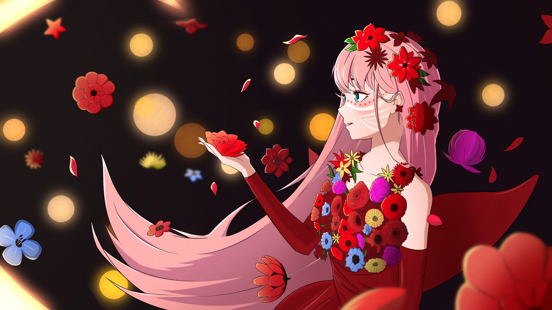 Ryuu To Sobakasu No Hime Flowers Anime Girls Flower In Hair Lights Simple Background Petals Pink Hai 1920x1080