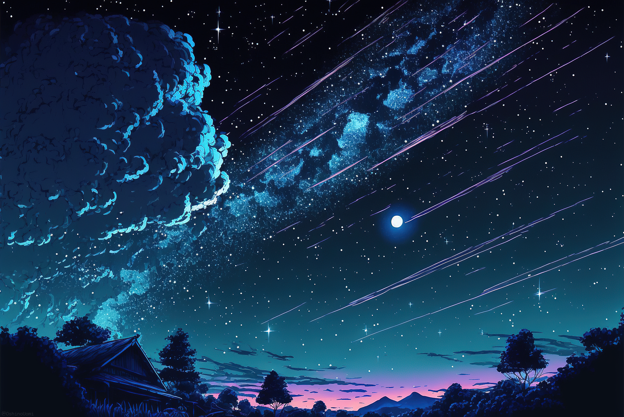 Uomi Illustration Artwork Ai Art Landscape Night Sky Starry Night Clouds Stars 2000x1338