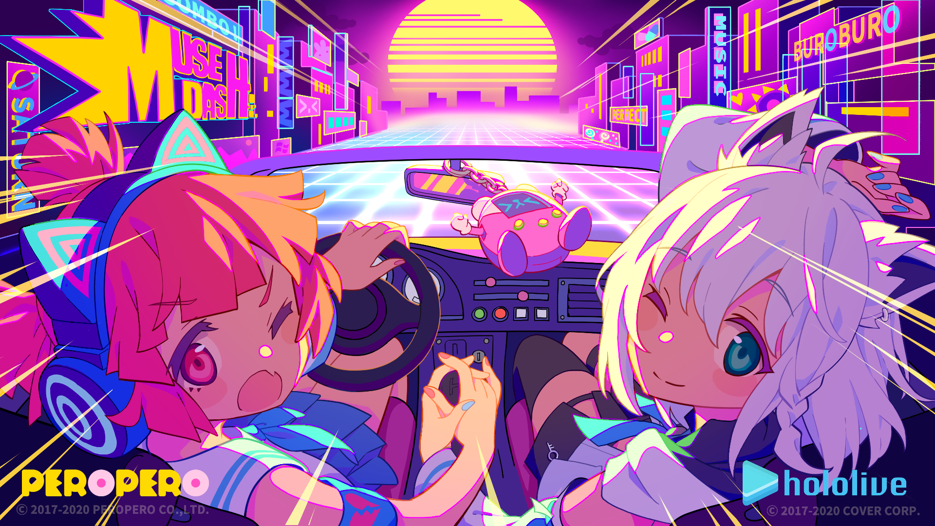 MuseDash Anime Girls Gamer Music Colorful One Eye Closed Headphones Cat Ears Car Driving Vapor 1920x1080