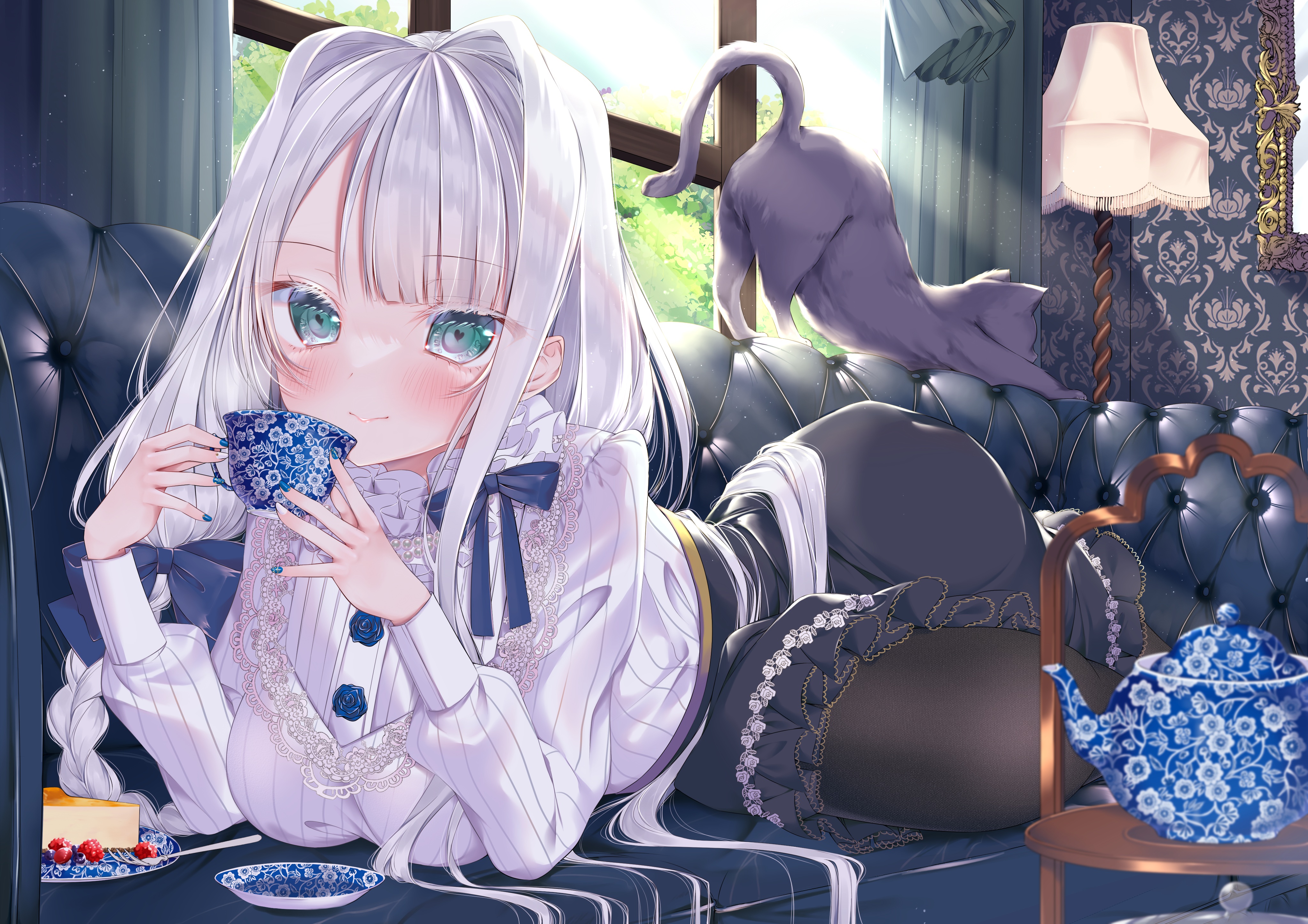 Anime Anime Girls Tea Cats White Hair Blue Eyes Long Hair Lying On Couch Cake Looking At Viewer 4092x2893