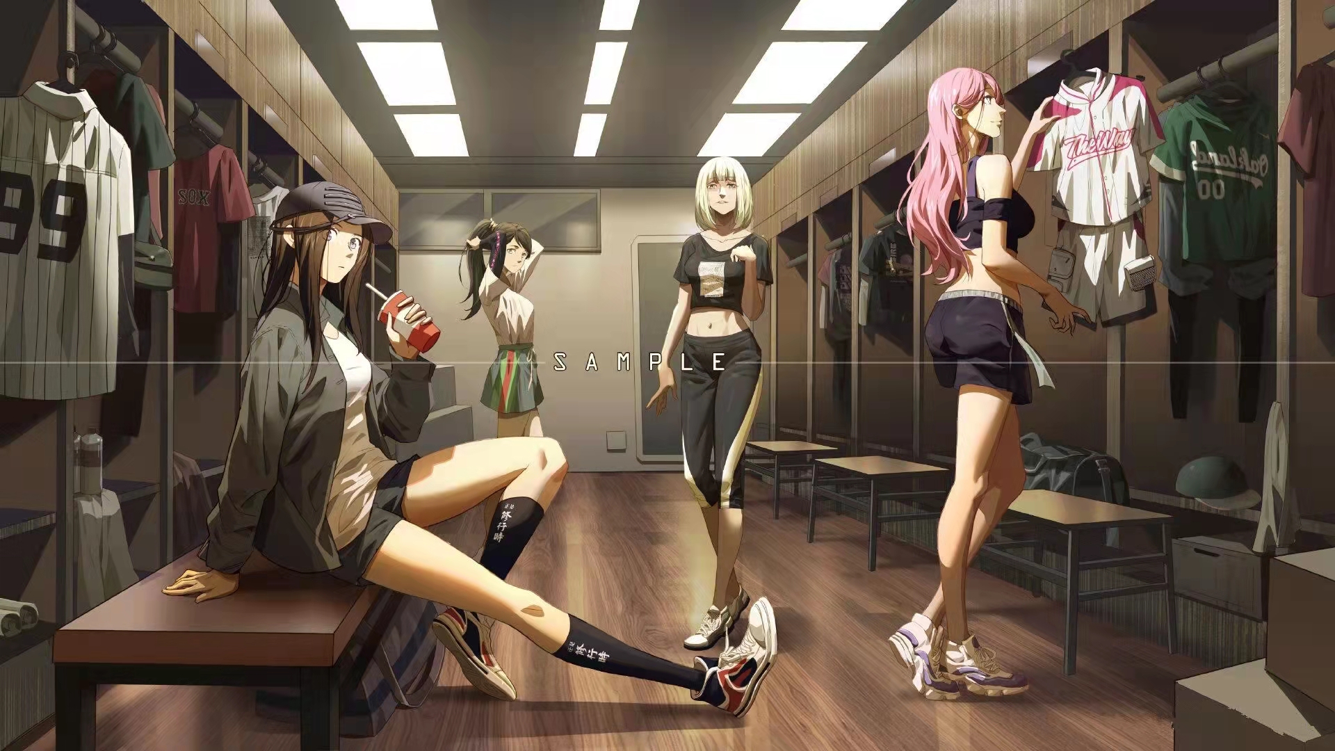 Anime Anime Girls Locker Room Shorts Skirt Hat Drink 1920x1080