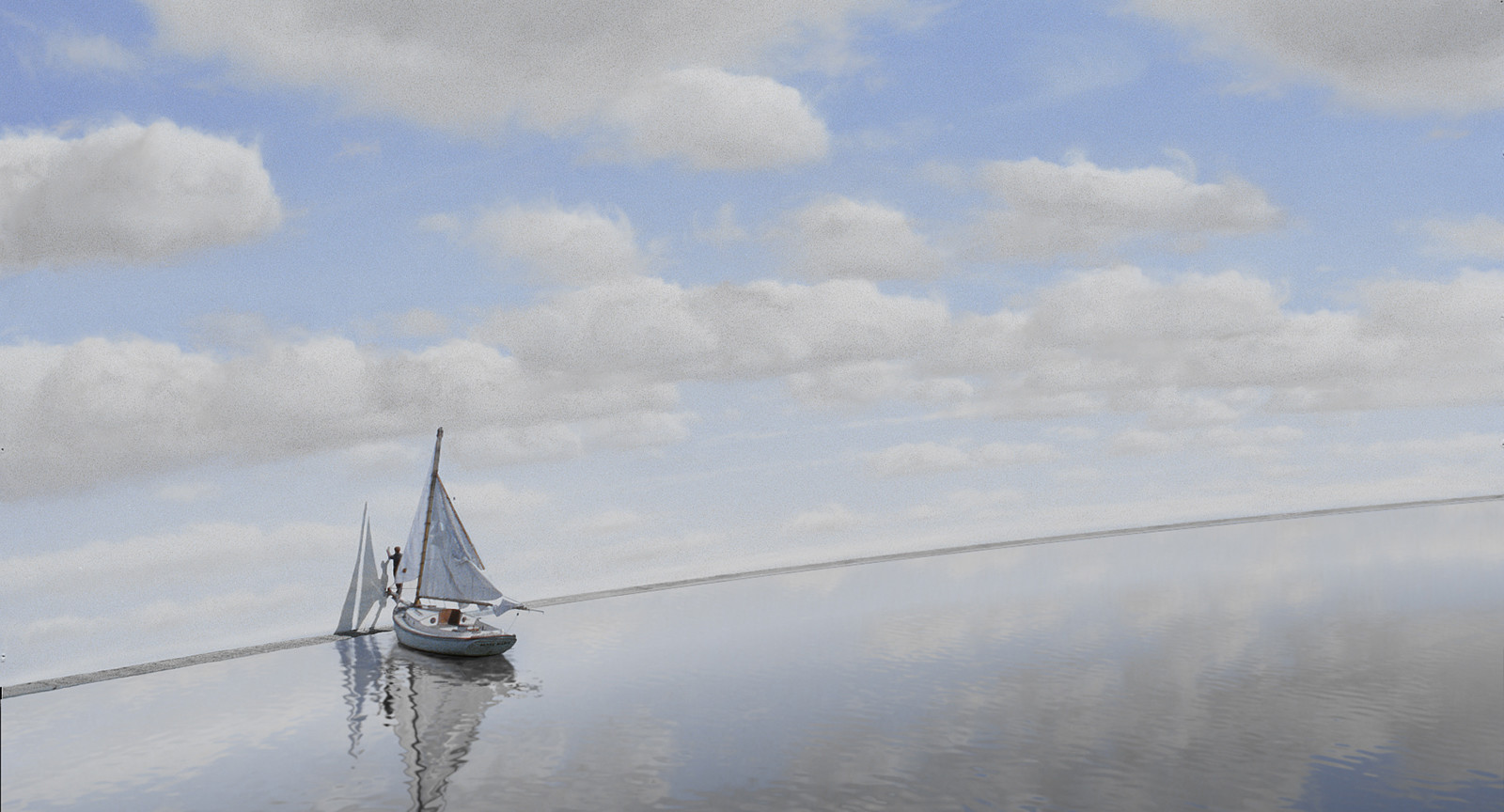 The Truman Show Boat Sea Sky Painting Water Clouds Reflection 1600x864