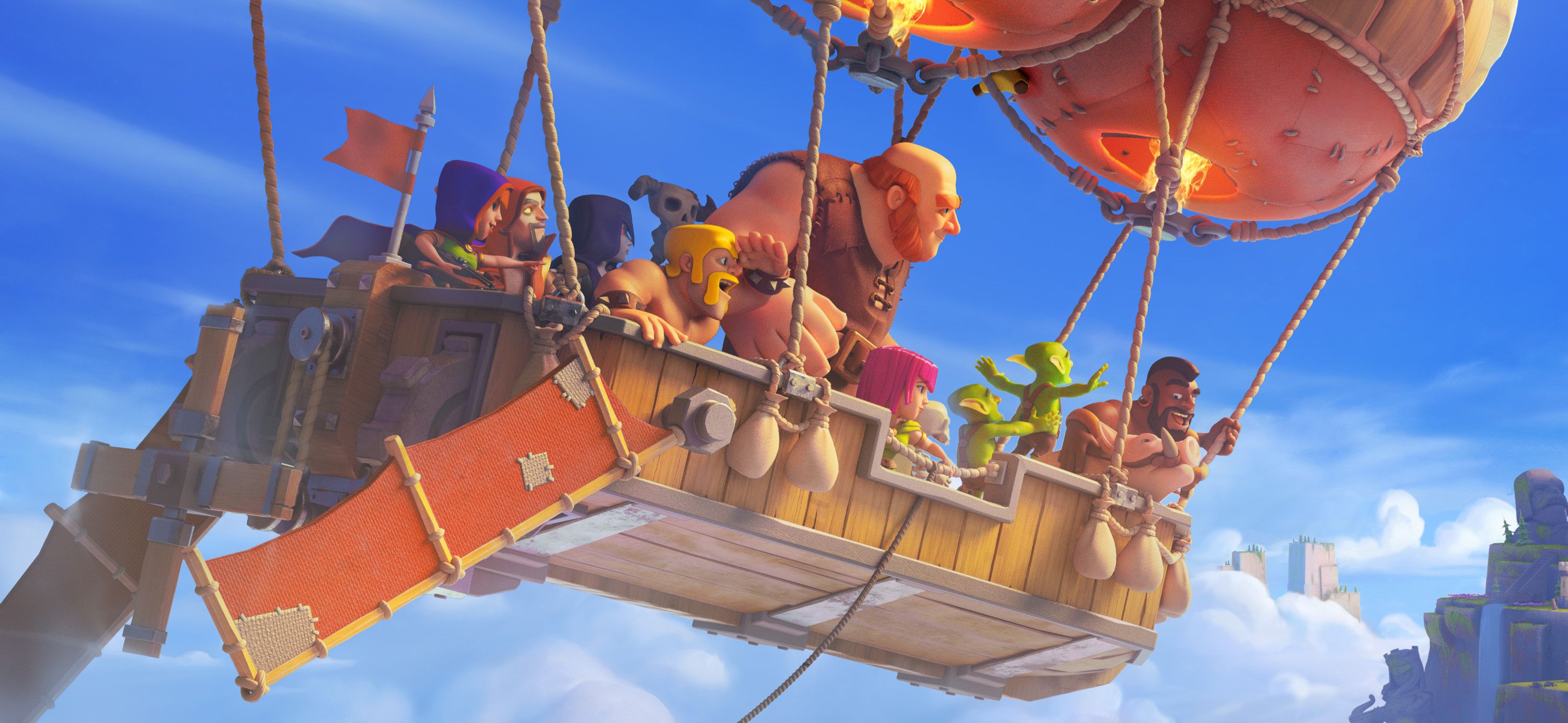 Clash Of Clans Pigs Hot Air Balloons Goblin Giant Barbarian Video Game Characters Video Game Art Sky 3000x1384