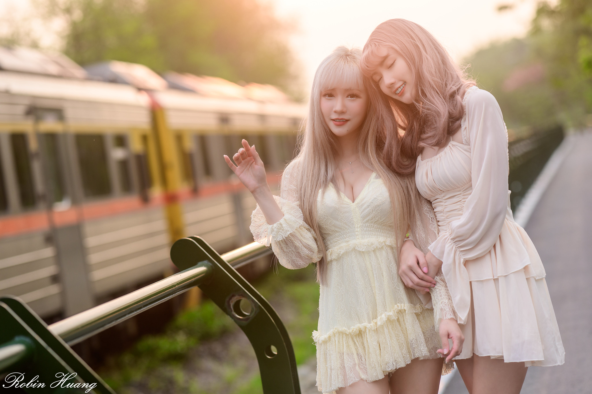 Robin Huang Women Two Women Asian Dyed Hair Smiling Makeup Dress Train Bright 2048x1366