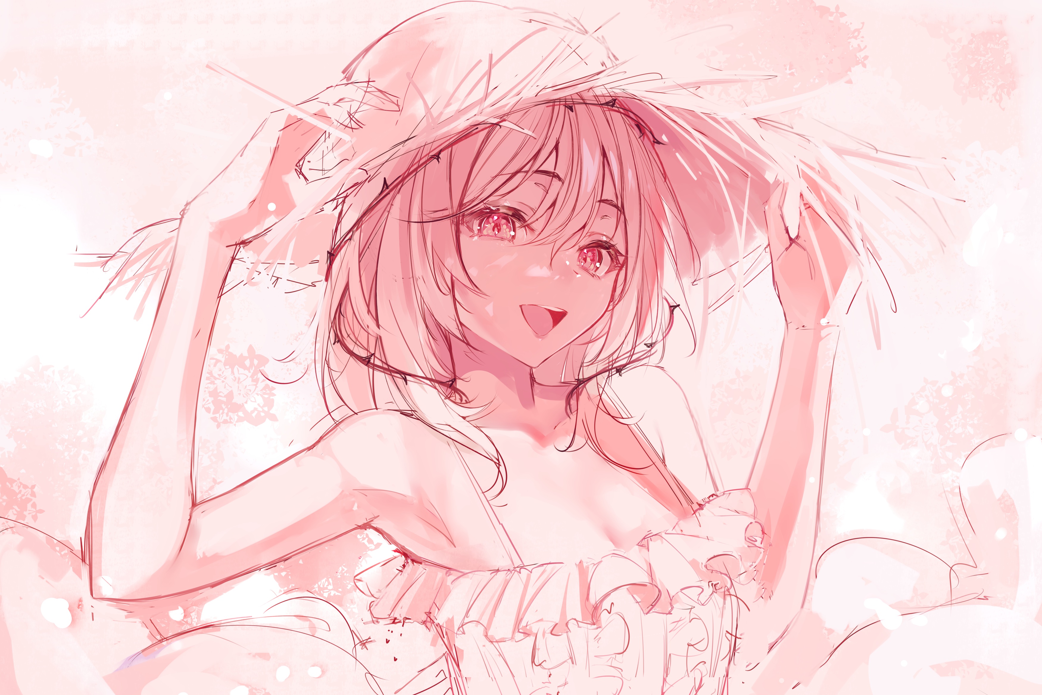 Pink Eyes Pink Hair Long Hair Sketchup Summer Dress Sun Hats Looking At Viewer Dress Anime Girls Ope 3500x2333