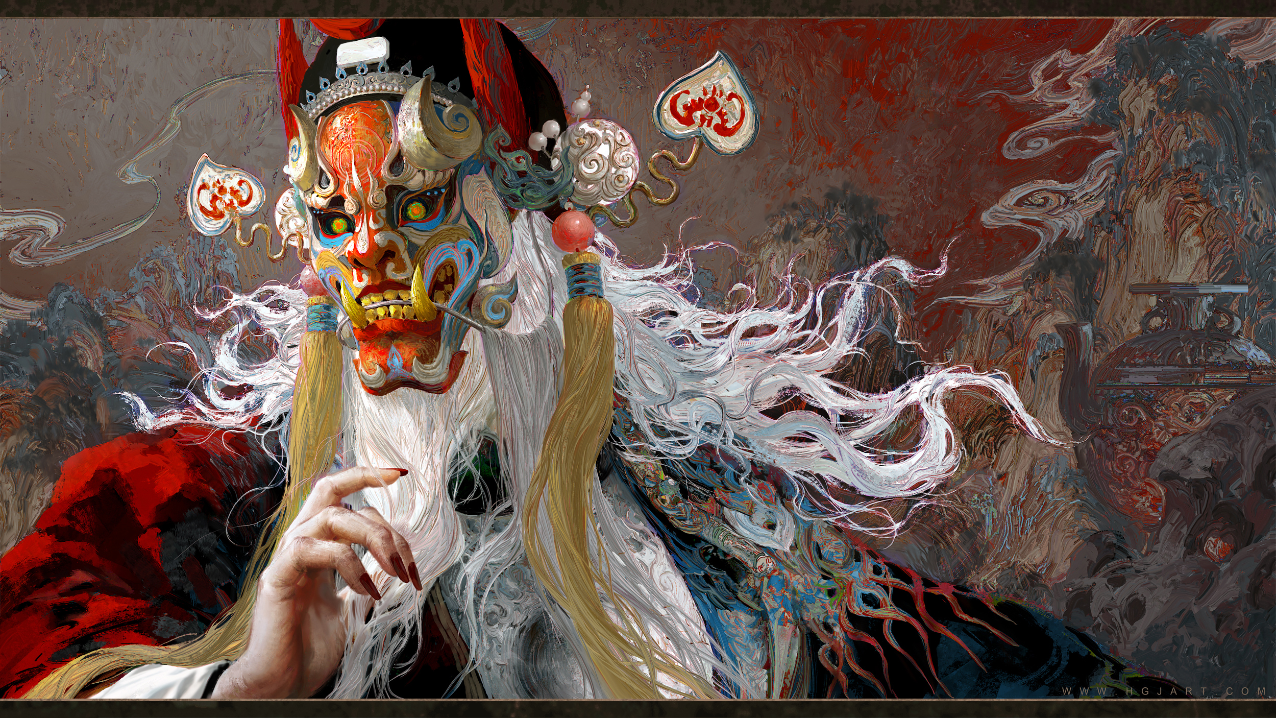 Huang Guangjian Artwork Mask Peking Opera Chinese Clothing White Hair Fantasy Art 2500x1406