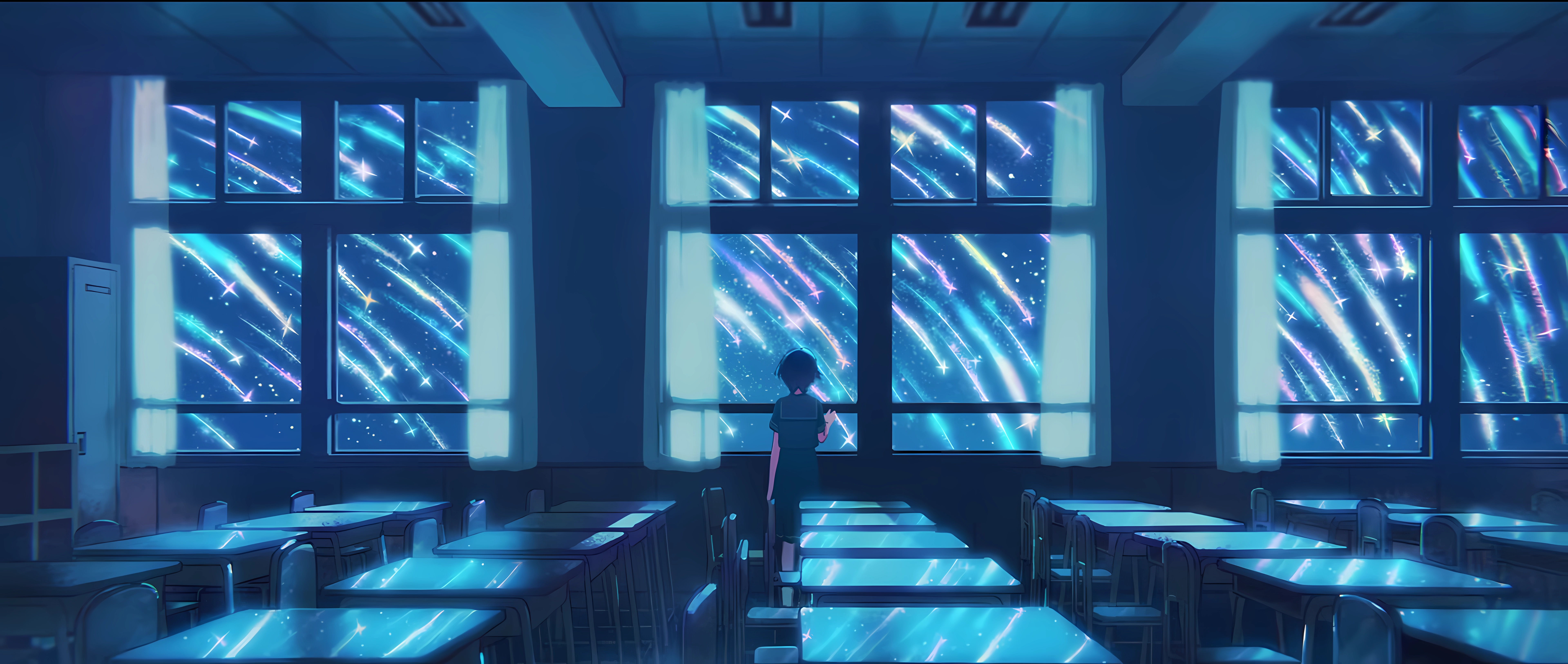 YOASOBi Anime Girls Classroom Window Schoolgirl School Uniform Anime Screenshot Stars 7676x3252