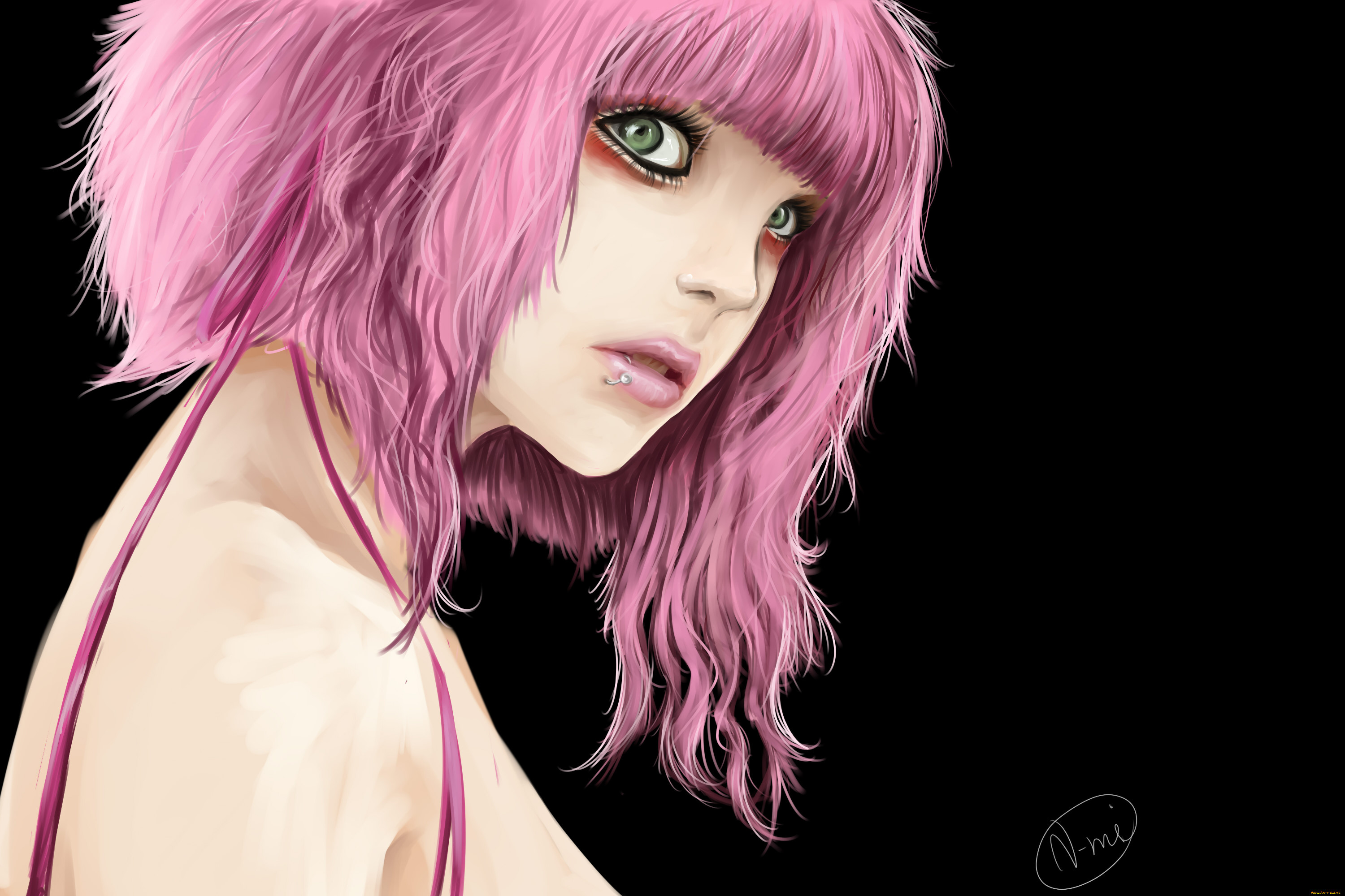 Women Artwork Pink Hair Face Portrait Pierced Lip Piercing Long Hair Looking Away Green Eyes Black B 3000x2000