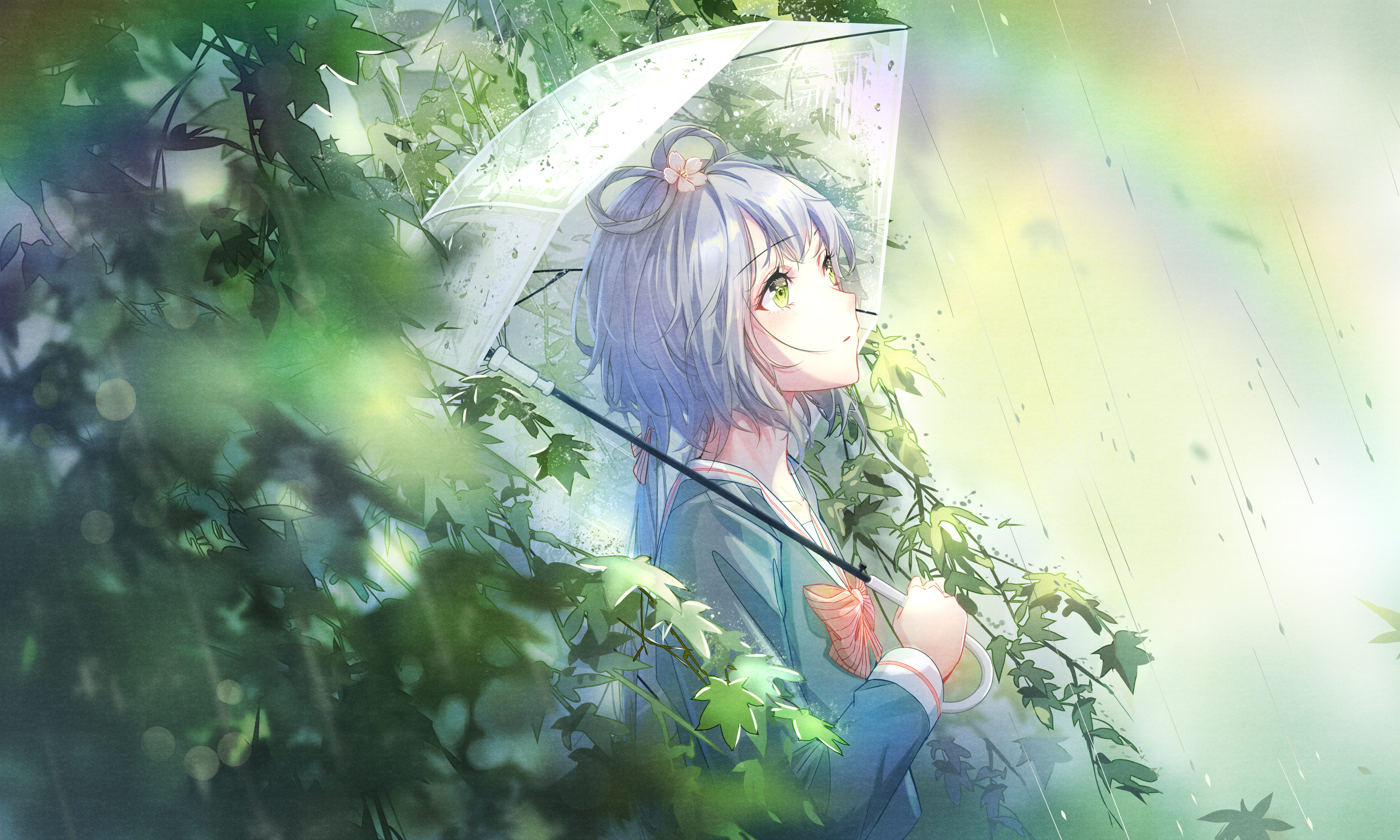 Luo Tianyi Vocaloid Vocaloid China Anime Girls Umbrella Rain Looking Up Leaves Bow Tie Rainbows 4134x2480