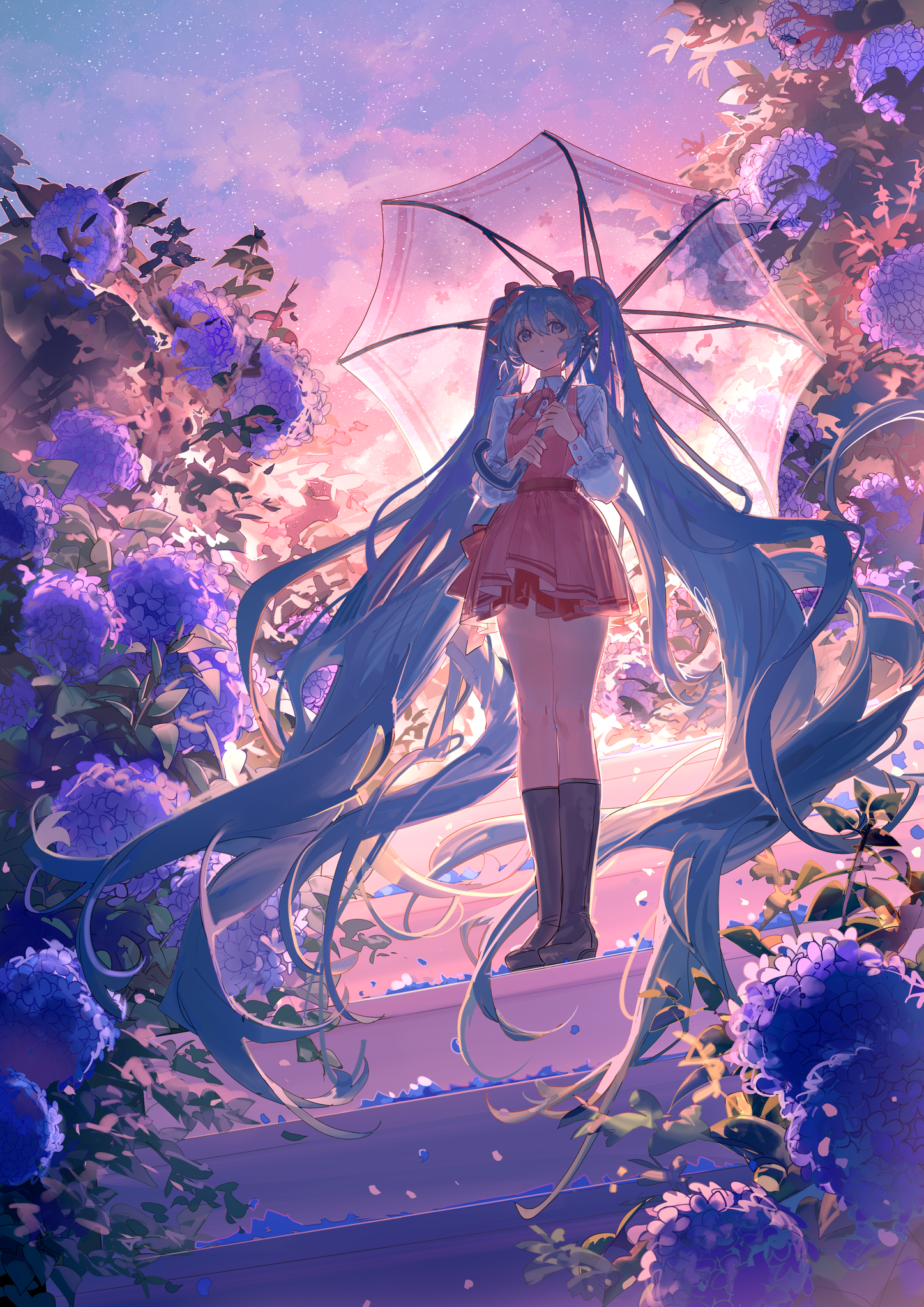 Anime Pixiv Anime Girls Flowers Vocaloid Hatsune Miku Umbrella Twintails Stairs Portrait Display Sun 1447x2046