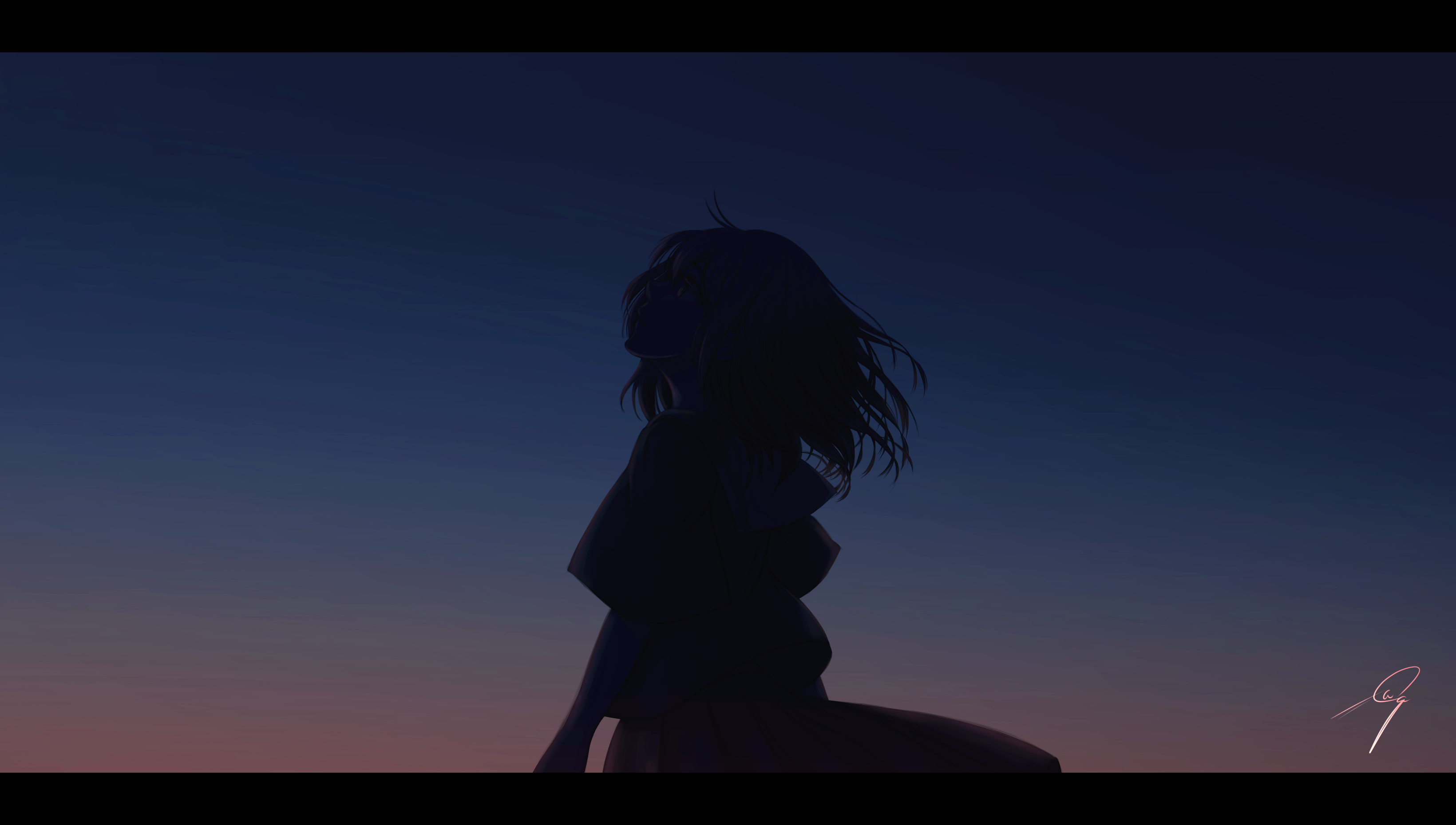 Anime Anime Girls Artwork Clear Sky Sunset Silhouette Simple Background Outdoors 3280x1860
