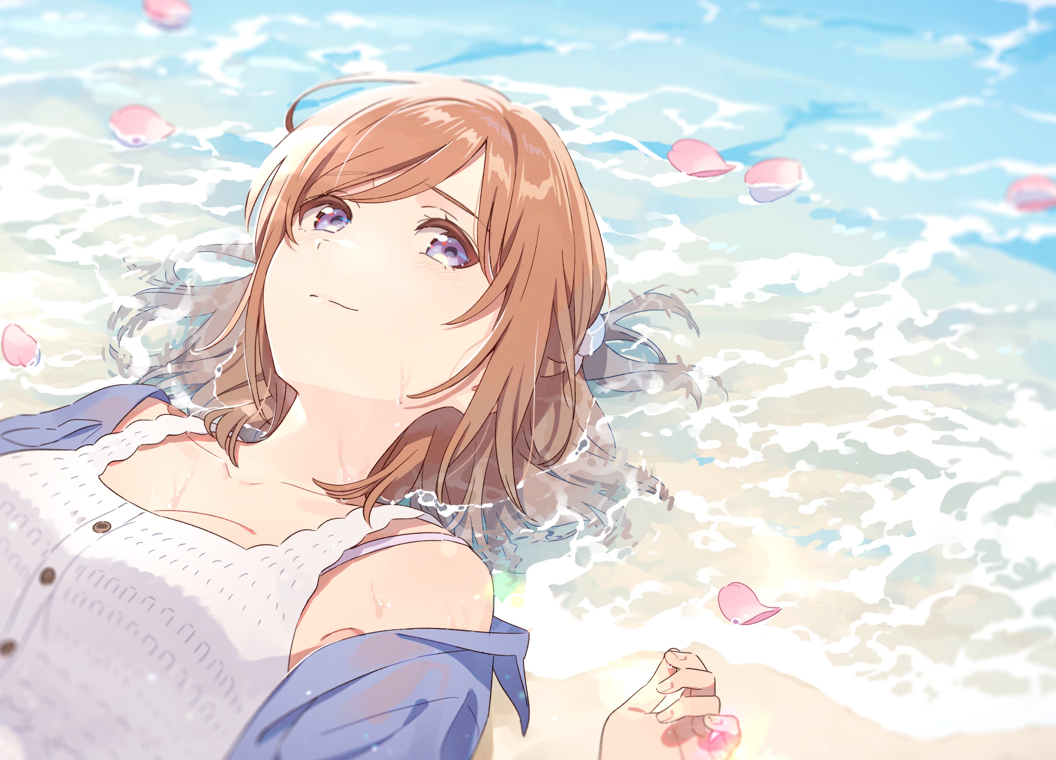 Wasure Sasete Yo Kouhai Kun Anime Girls Lying Down Lying On Beach Water Lying On Back Petals Women O 3400x2445