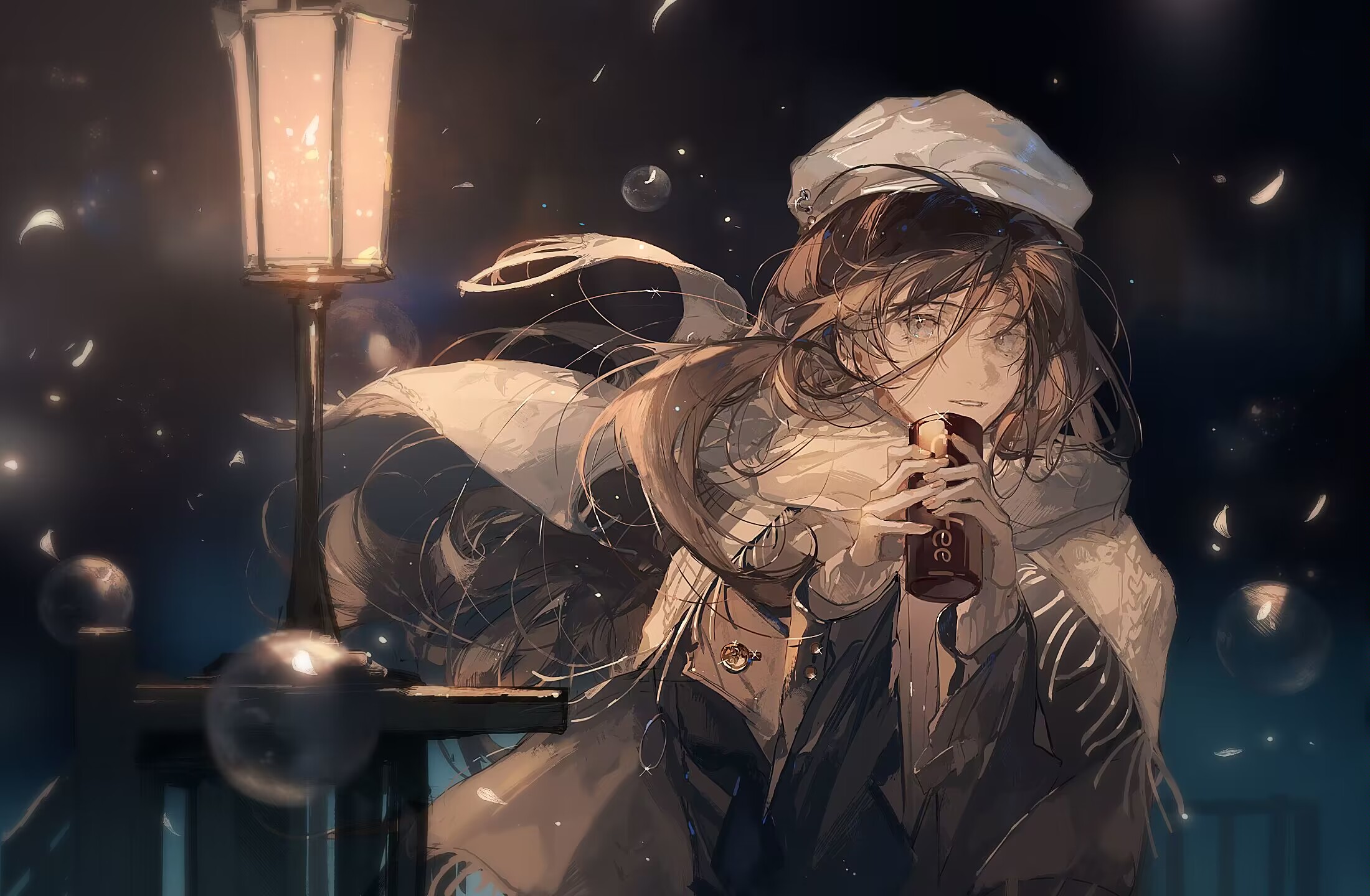 Anime Girls Snow Lantern Bubbles Long Hair Hat Looking At Viewer Standing Can Digital Art 2200x1440