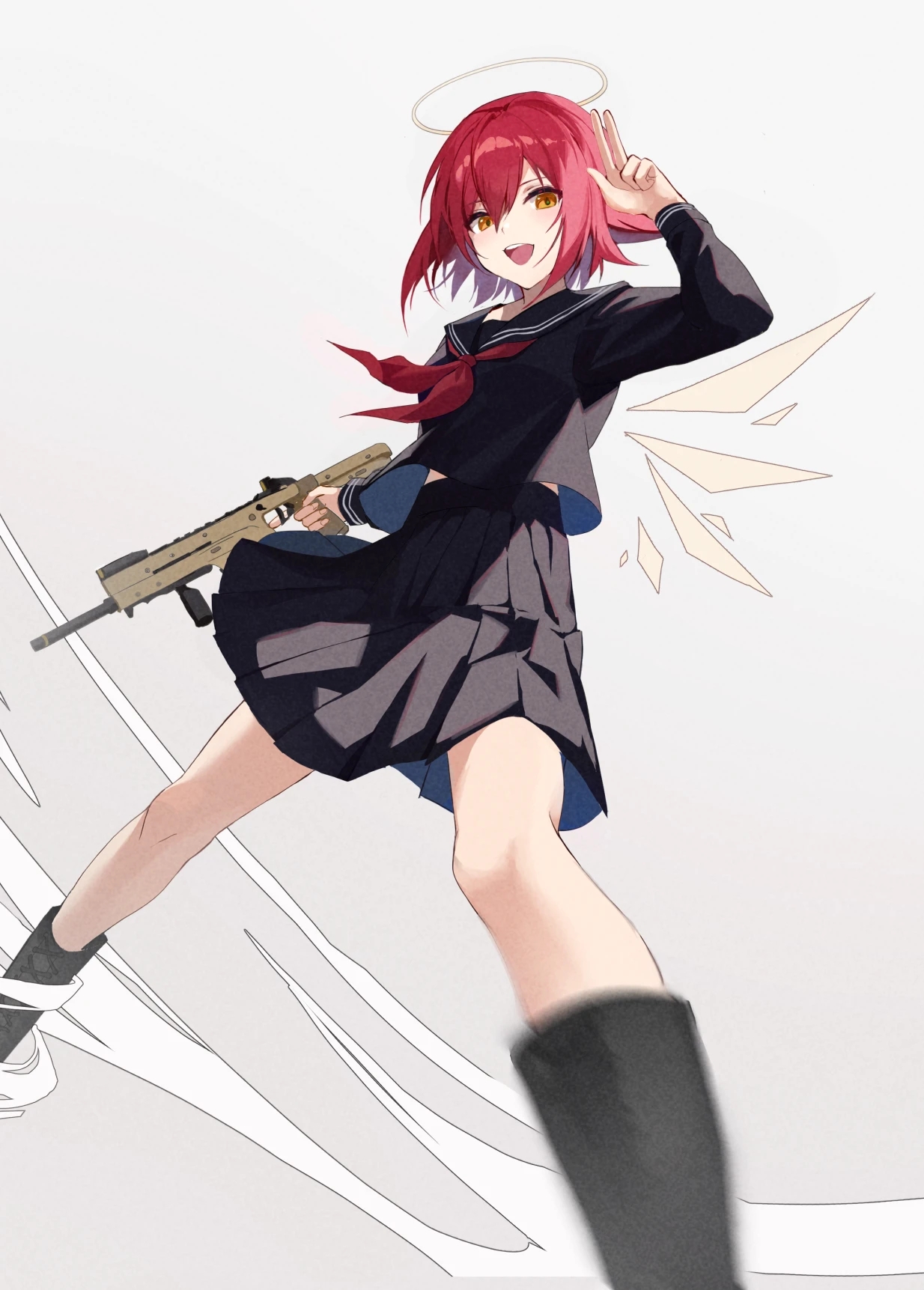 Anime Anime Girls Short Hair Legs Redhead Gun Dress JK Vertical Schoolgirl School Uniform Yellow Eye 1234x1723