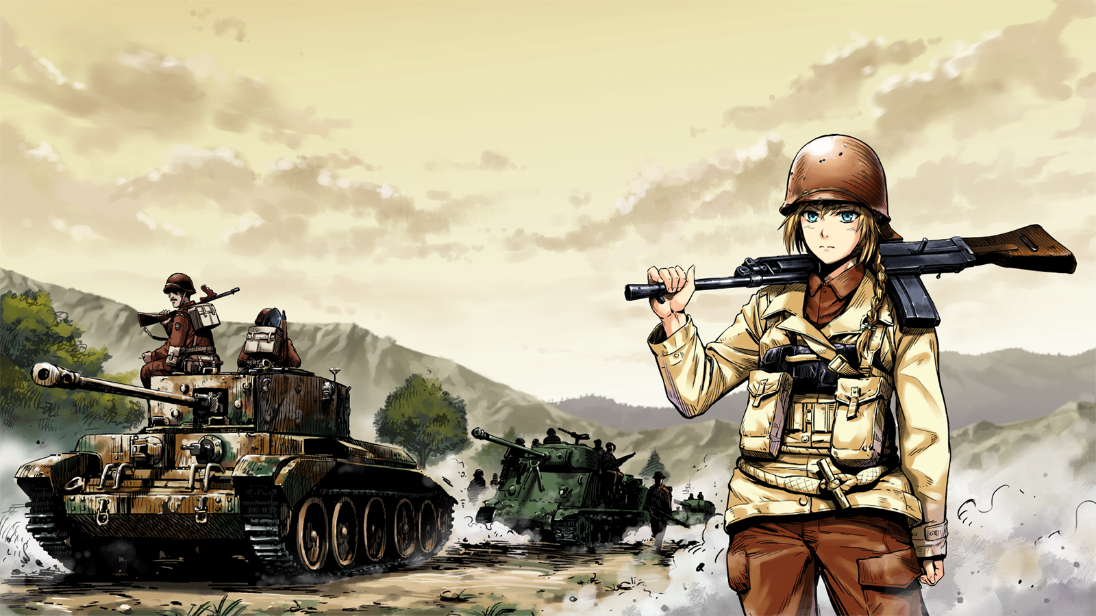 Anime Girls With Guns World War Ii Anime Girls Helmet Tank Sky Clouds Uniform Gun Standing Looking A 1600x900