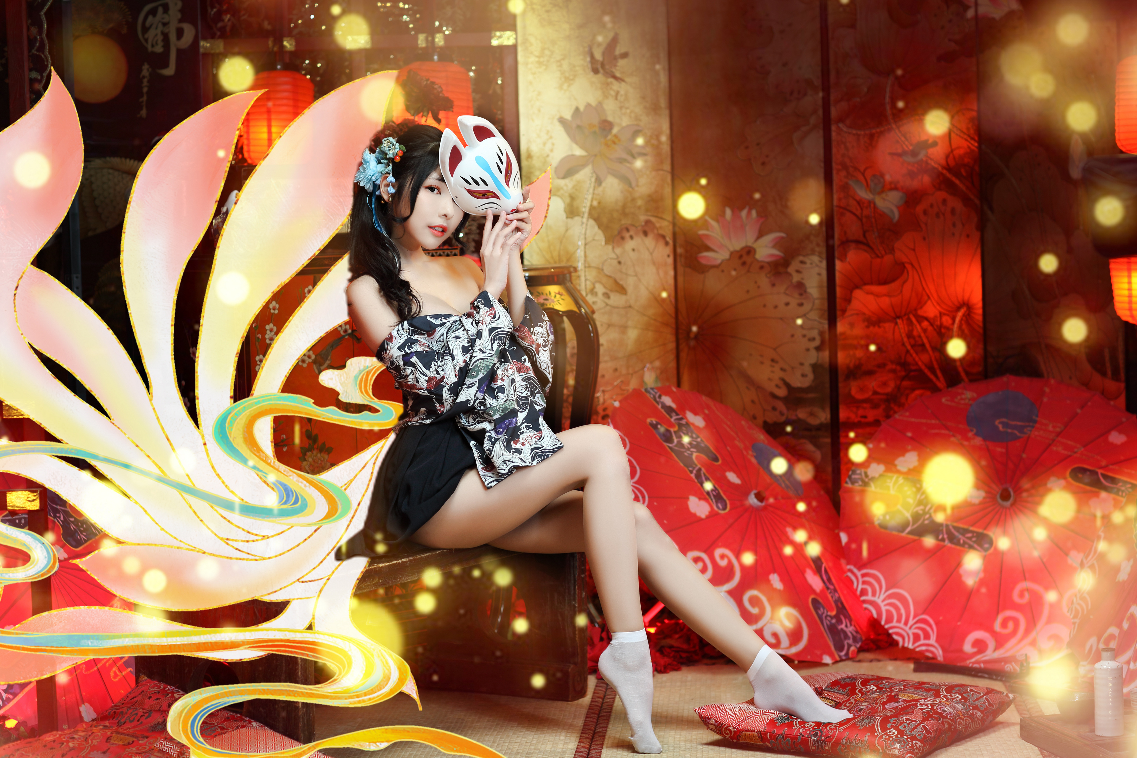 Asian Model Women Long Hair Dark Hair Sitting Nine Tails Ponytail White Socks Mask Hair Ornament Jap 3840x2560
