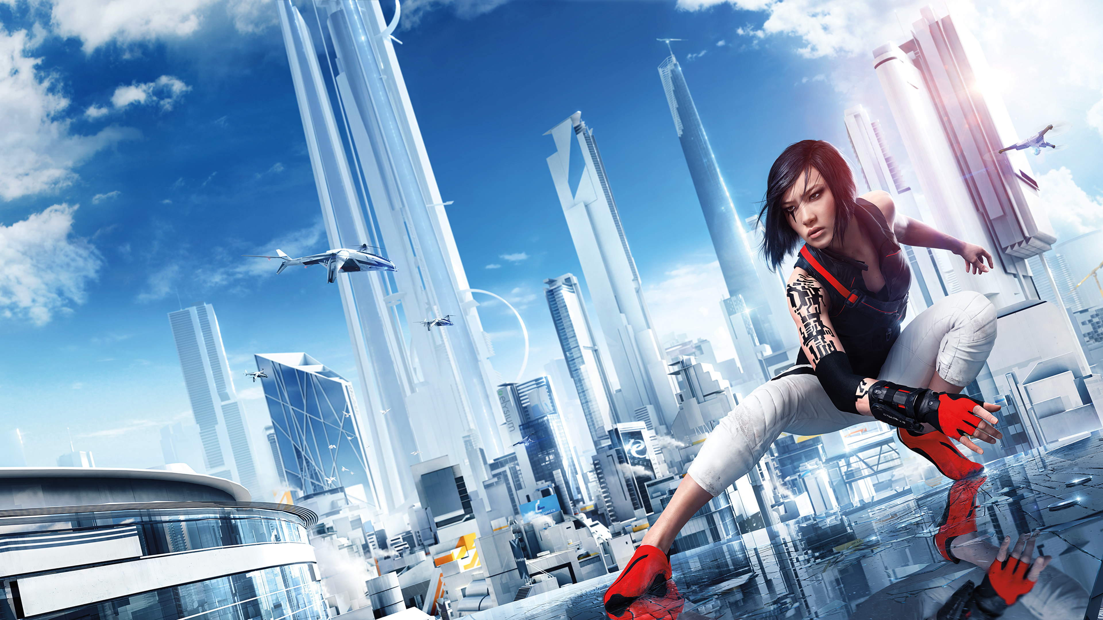 Mirrors Edge Video Game Art Sky Clouds Video Games Looking Away Reflection Building City Aircraft Ta 3840x2160