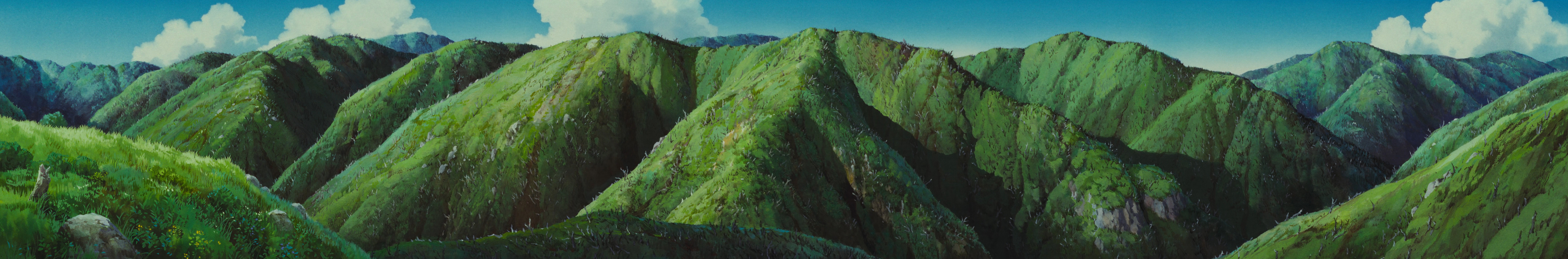 Princess Mononoke Landscape Drawing Panorama Nature Clouds Mountains Grass Wide Screen 6224x1030