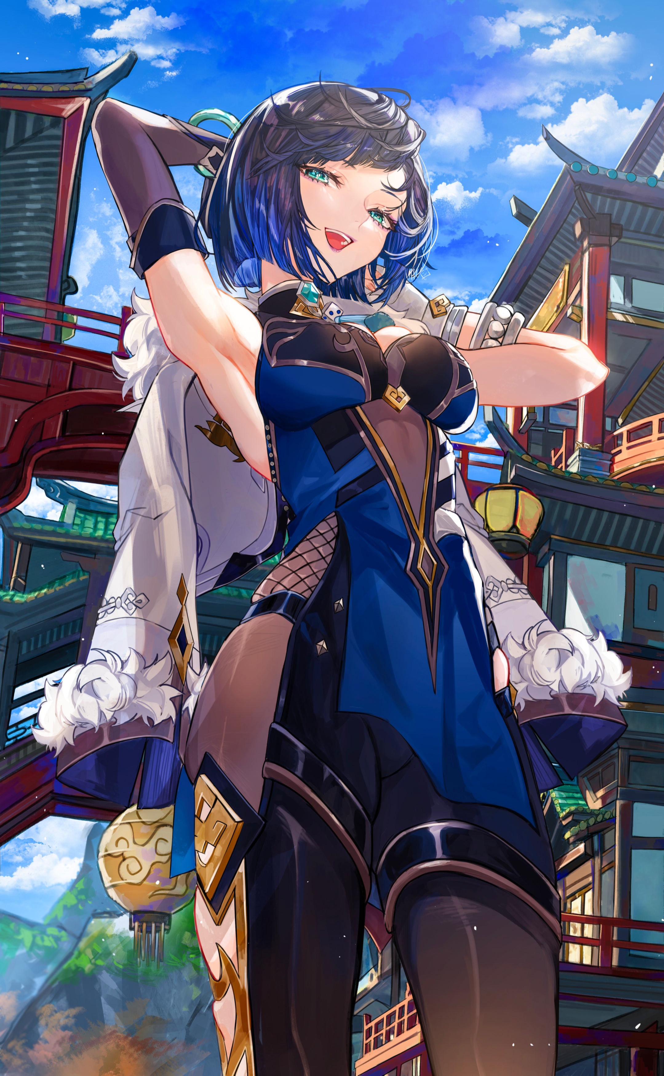 Anime Anime Girls Vertical Genshin Impact Yelan Genshin Impact Armpits Clouds Building Blue Hair Blu 2159x3500