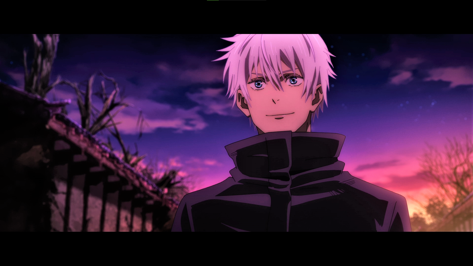 Jujutsu Kaisen Satoru Gojo Smiling Uniform White Hair Blue Eyes Sunrise Anime Anime Screenshot Anime 1920x1080