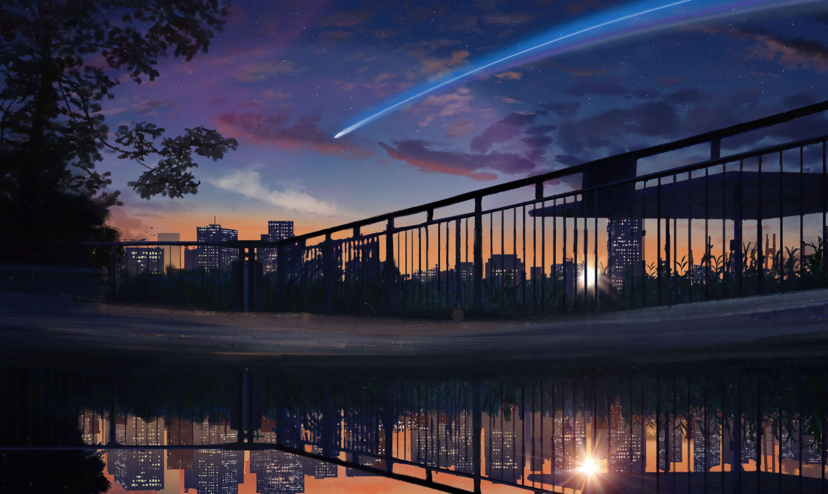 Yu Jing Illustration Landscape Clouds Sunset City Skyline Stars Starred Sky Meteors Water Ponding Re 3136x1871