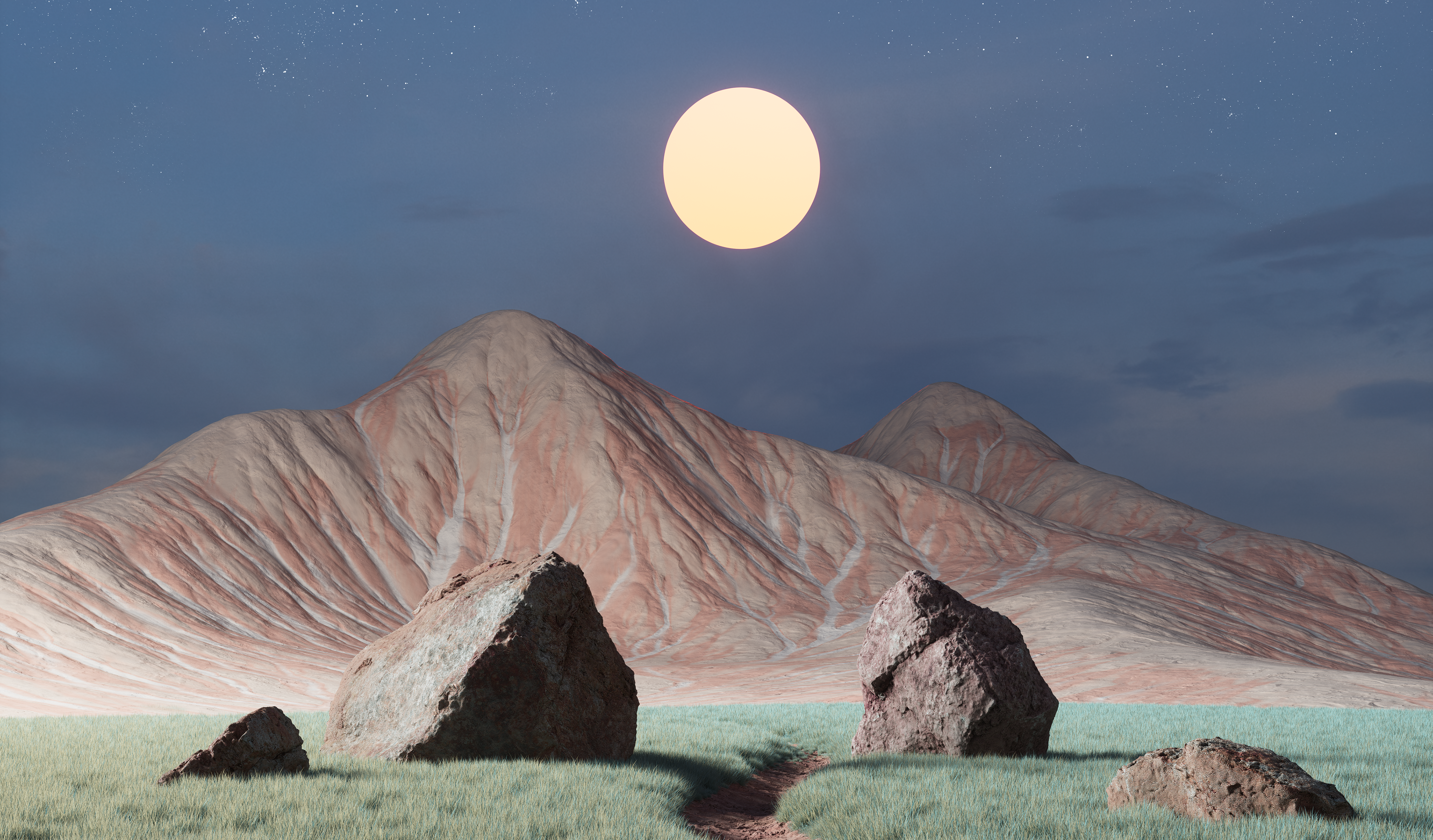 Digital Art Artwork Illustration Digital Nature Mountains Sun Sky Landscape Night Nightscape Rocks 4800x2815