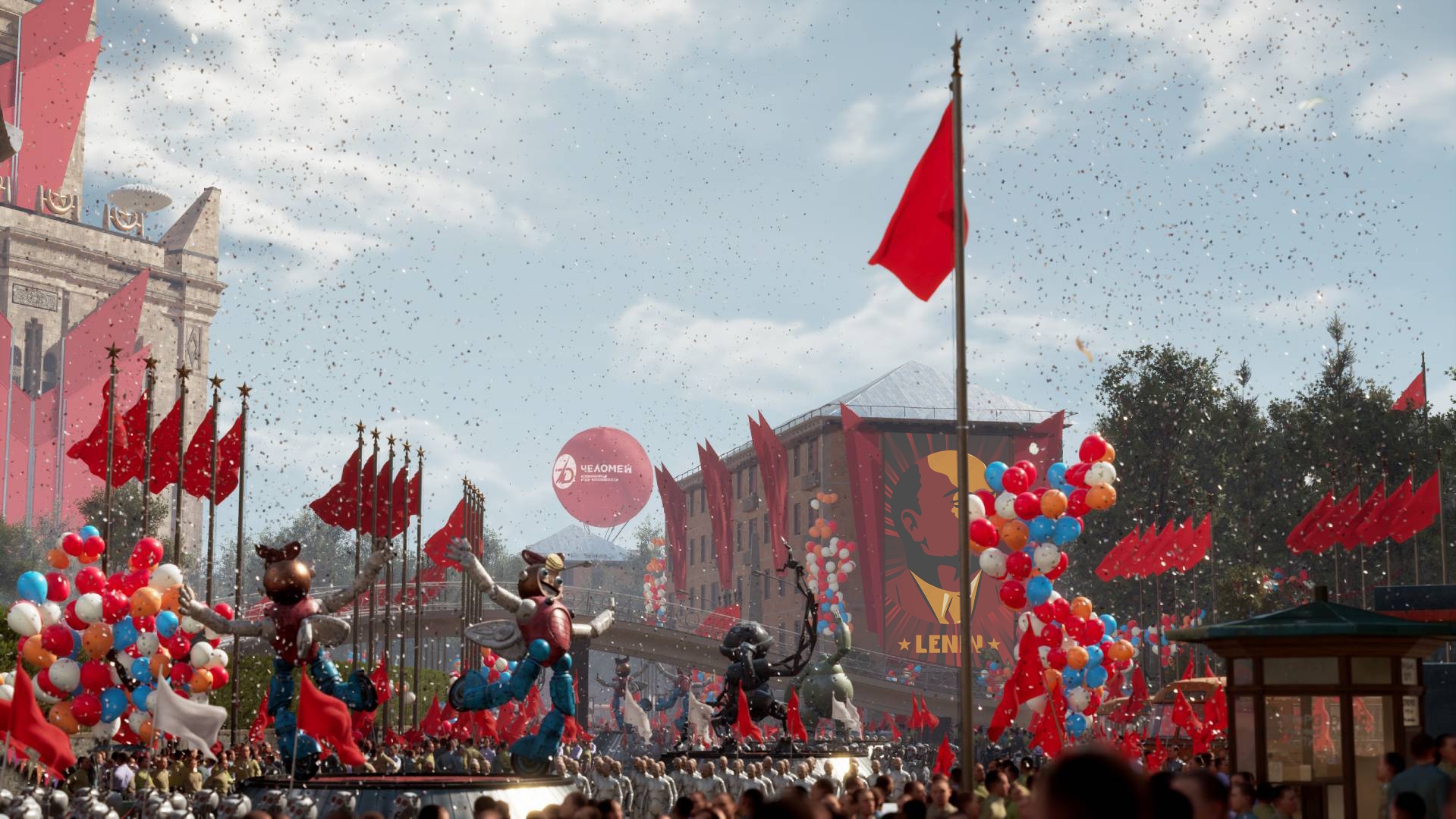 Atomic Heart USSR Vladimir Lenin Video Games CGi Parade Flag Confetti Balloon 1919x1080