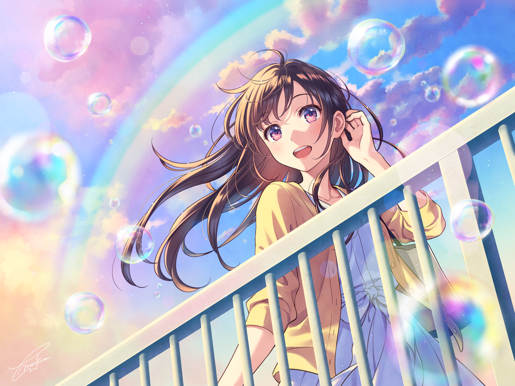 Anime Girls Bubbles Rainbows Clouds Smiling Anime Artwork 1764x1323