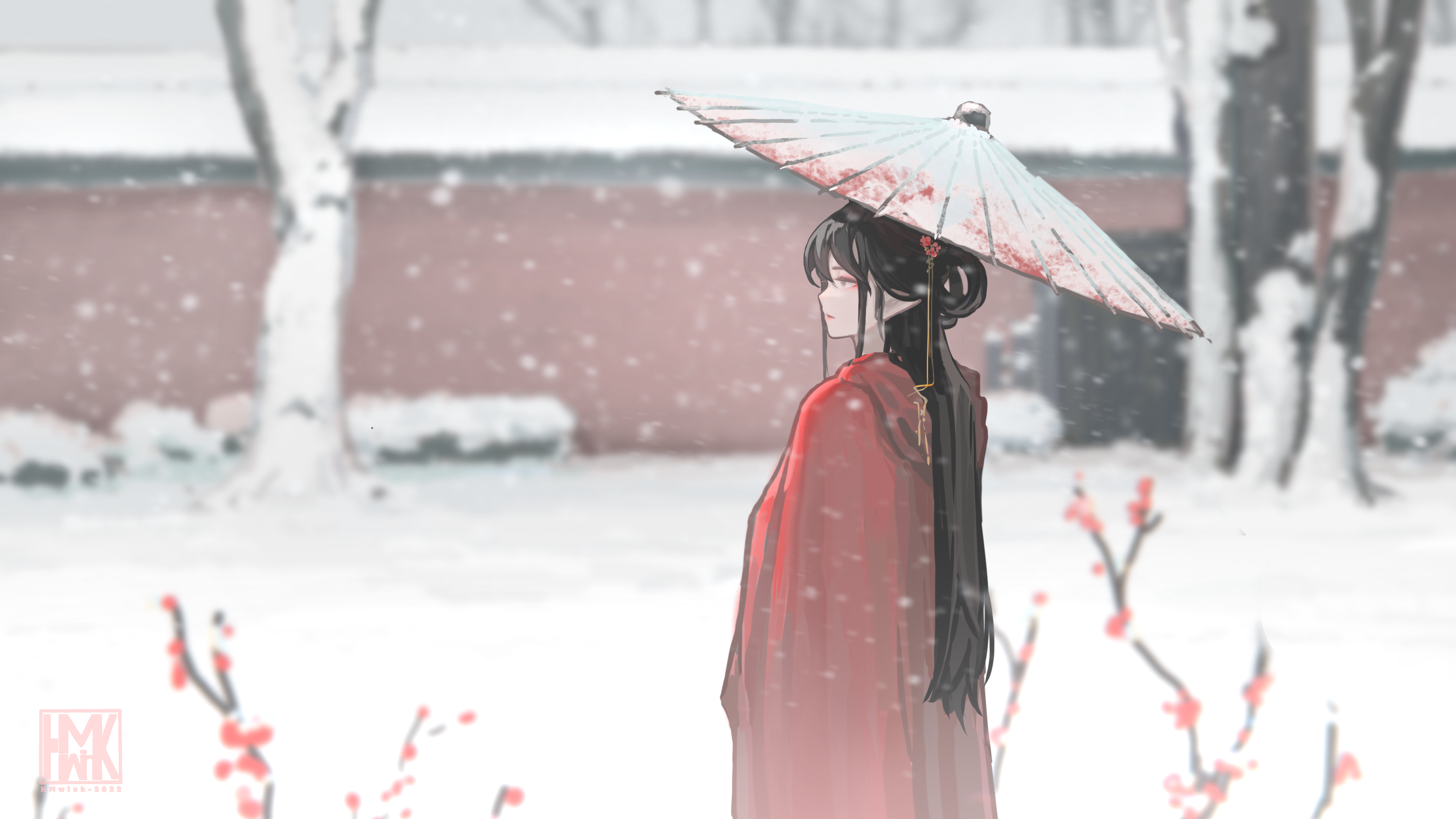 Hua Ming Wink Original Characters Chinese Clothing Umbrella Snow Plum Blossom Wall Black Hair Long H 3555x2000