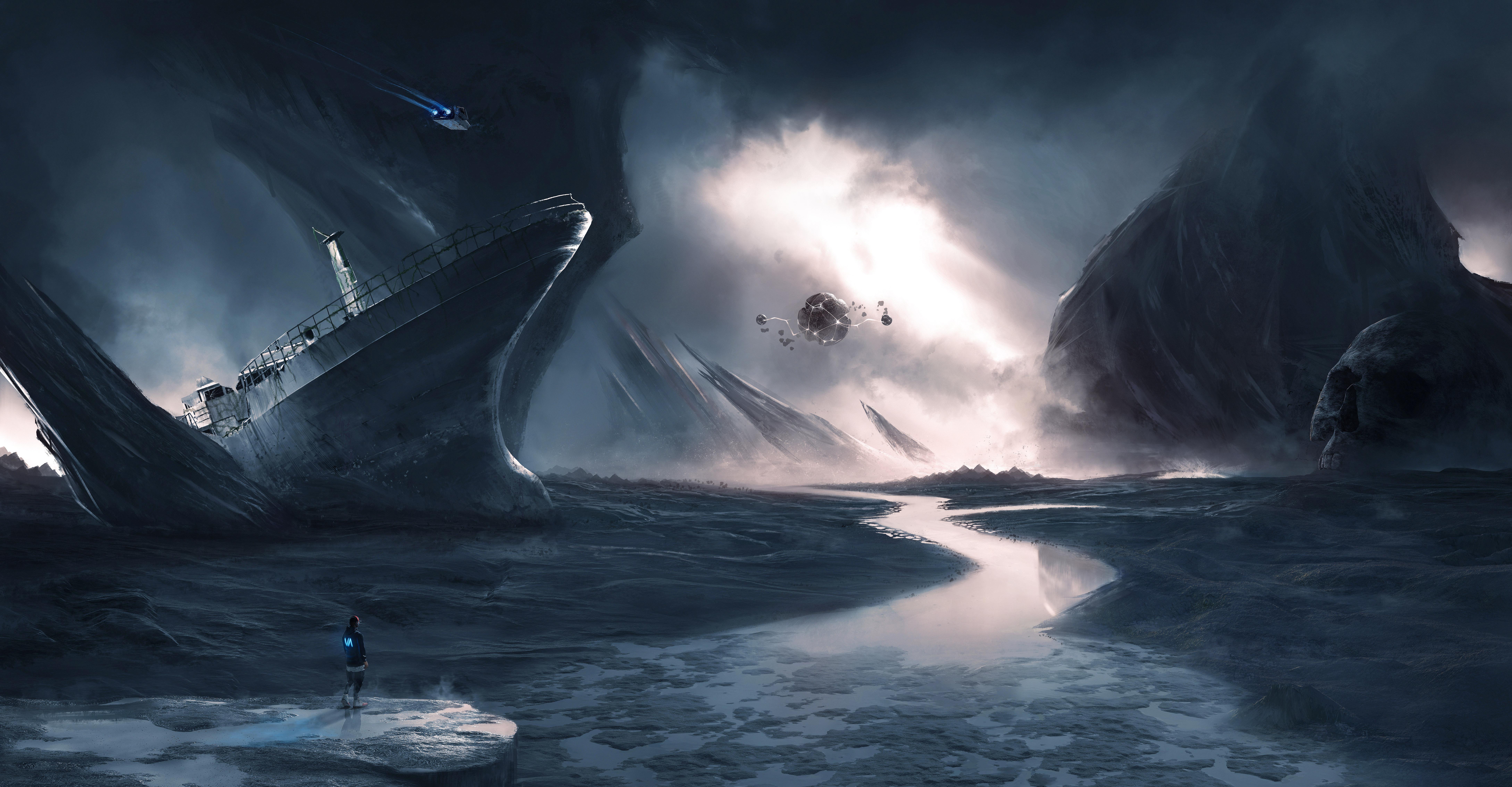 Science Fiction Digital Art Digital Painting Ship Spaceship Sea Skull Face Water 8712x4532