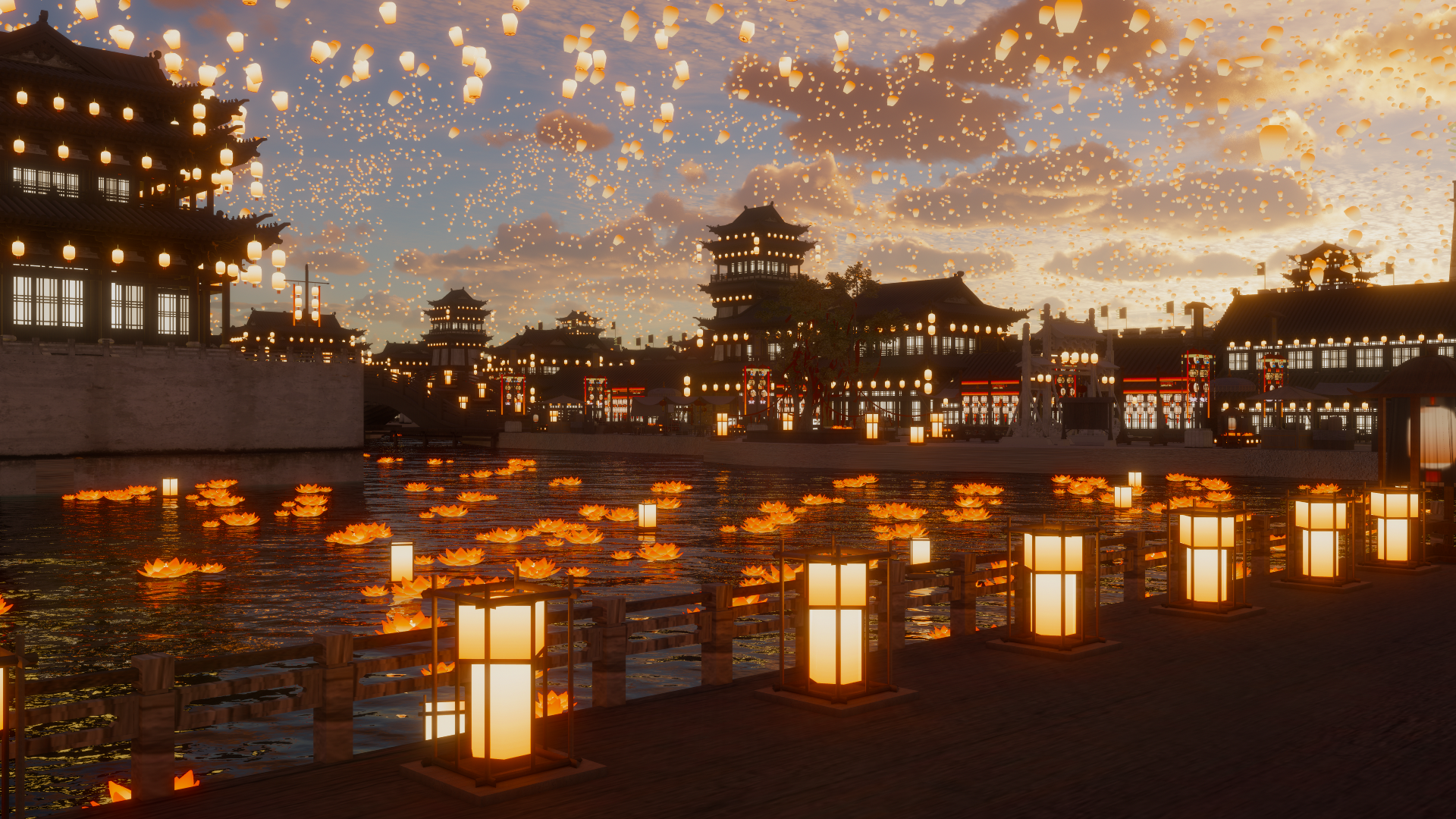 Anime Scenery Flowers Lantern Lantern Festival City Lights Clouds 1920x1080