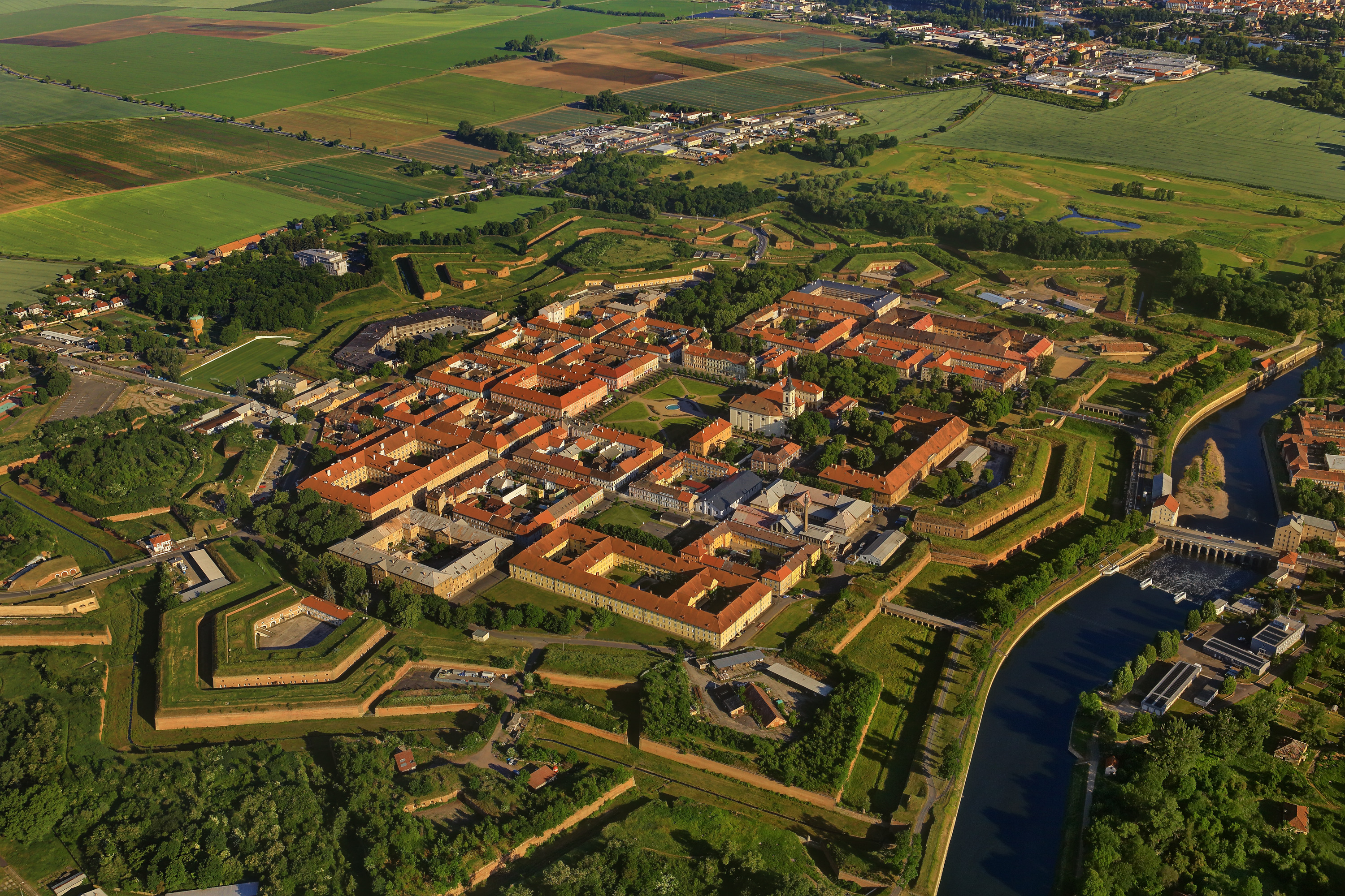 Aerial View Photography Nature Fortress Terezin Czech Republic Town Rooftops House River Field Ancie 3000x2000