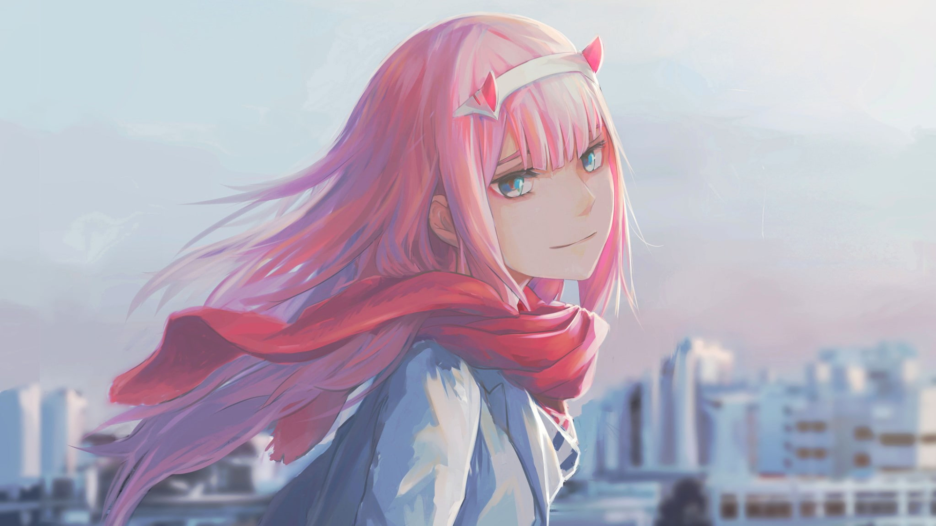 Anime Anime Girls Zero Two Darling In The FranXX Darling In The FranXX Pink Hair Blue Eyes Scarf Hor 1920x1080