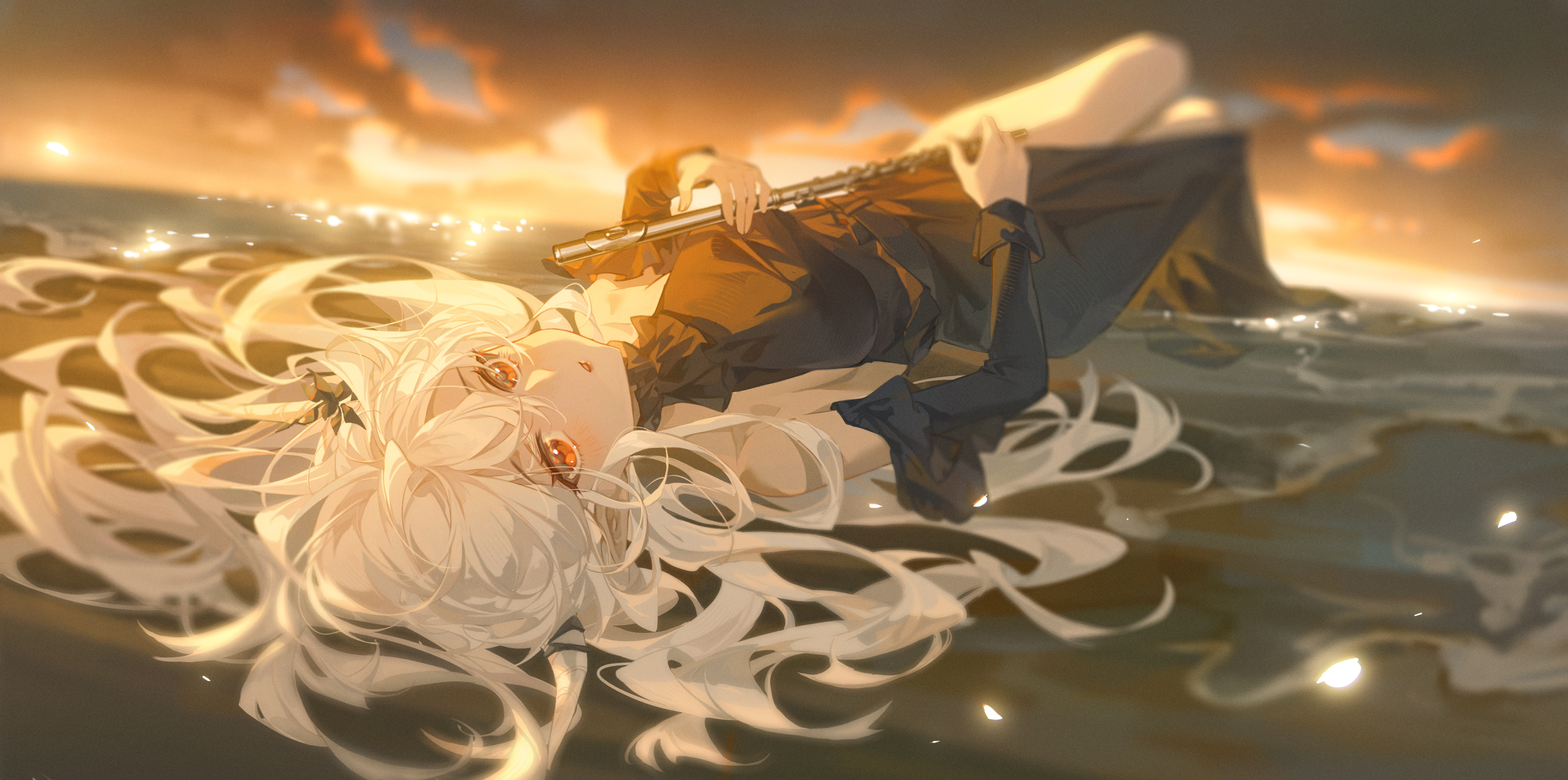 Anime Anime Girls Long Hair Looking At Viewer Flute Musical Instrument Sunset Sunset Glow Lying Down 3500x1742