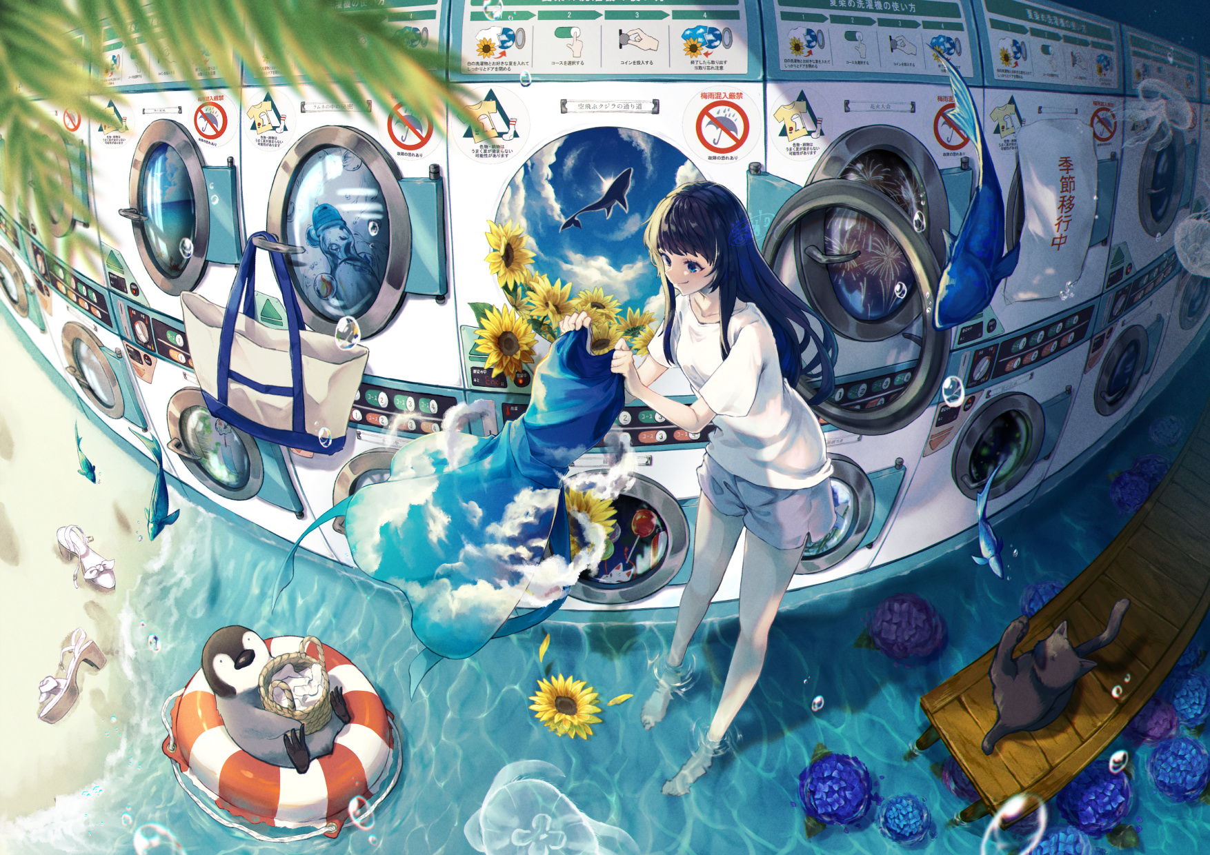Anime Girls Blue Dress Sunflowers Laundromat Washing Machine Flowers Dark Hair Women Outdoors Long H 1754x1240