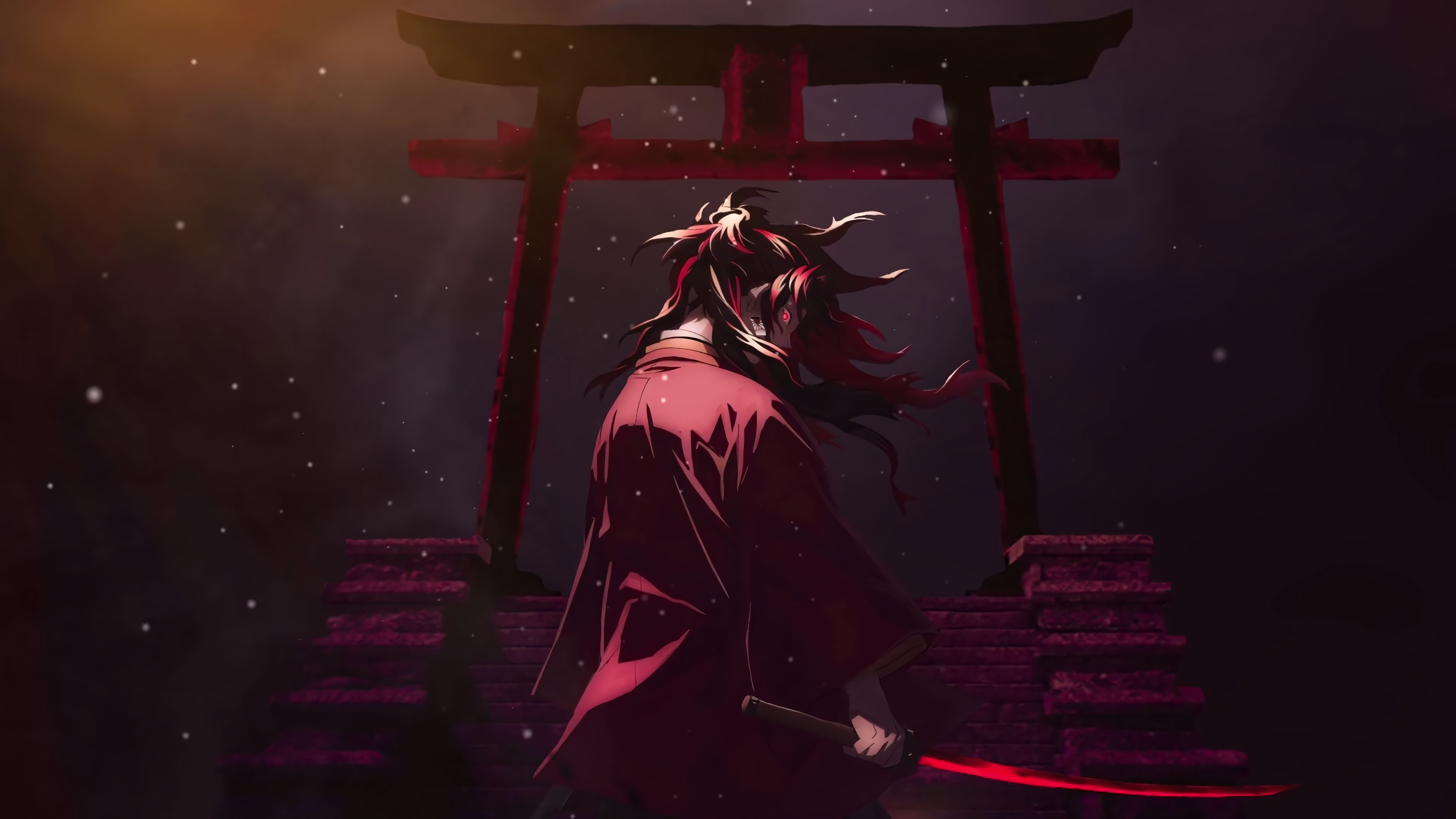 Kimetsu No Yaiba Yoriichi Yoriichi Tsugikuni Demon Face Anime Men Torii Katana Sword Glowing Eyes 3840x2160