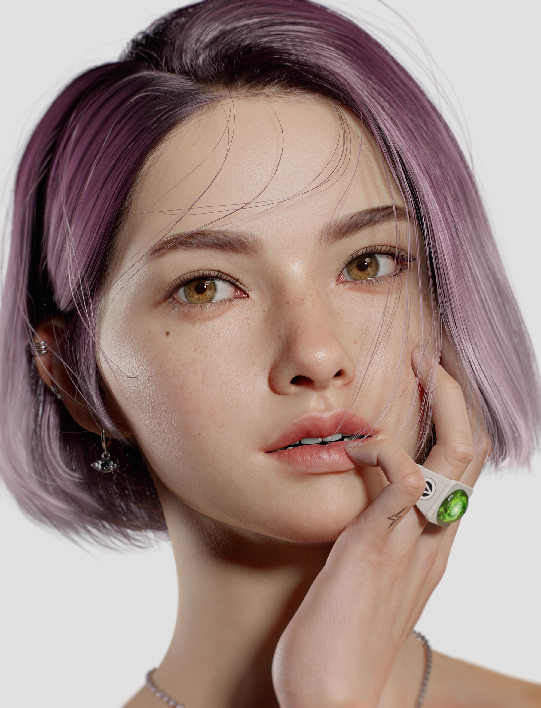 Seungmin Kim CGi Women Purple Hair Straight Hair Short Hair Green Freckles Portrait Vertical Moles M 1800x2356