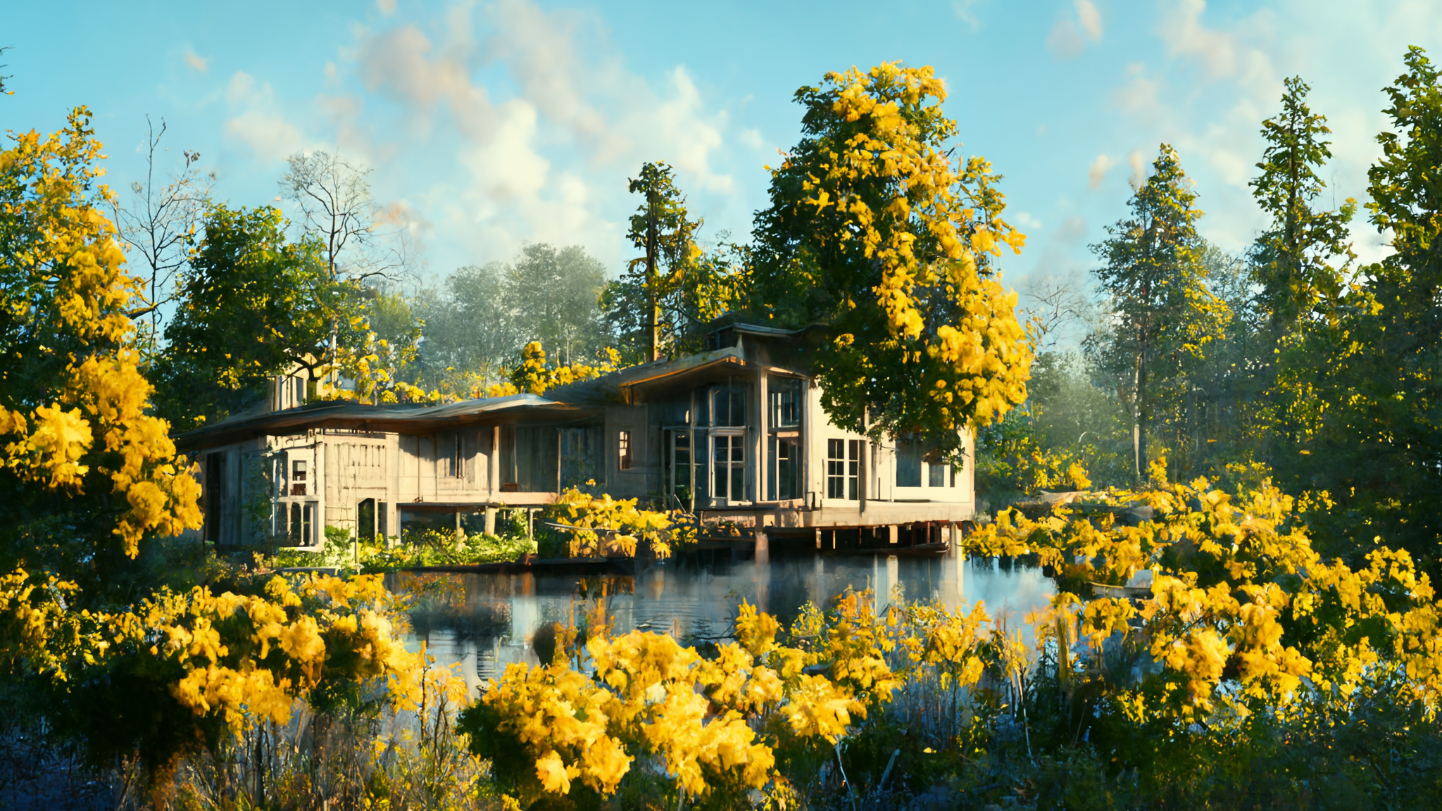 Landscape Forest Flowers Trees Sea Lake Window House Cottage Bushes Render Water 2048x1152