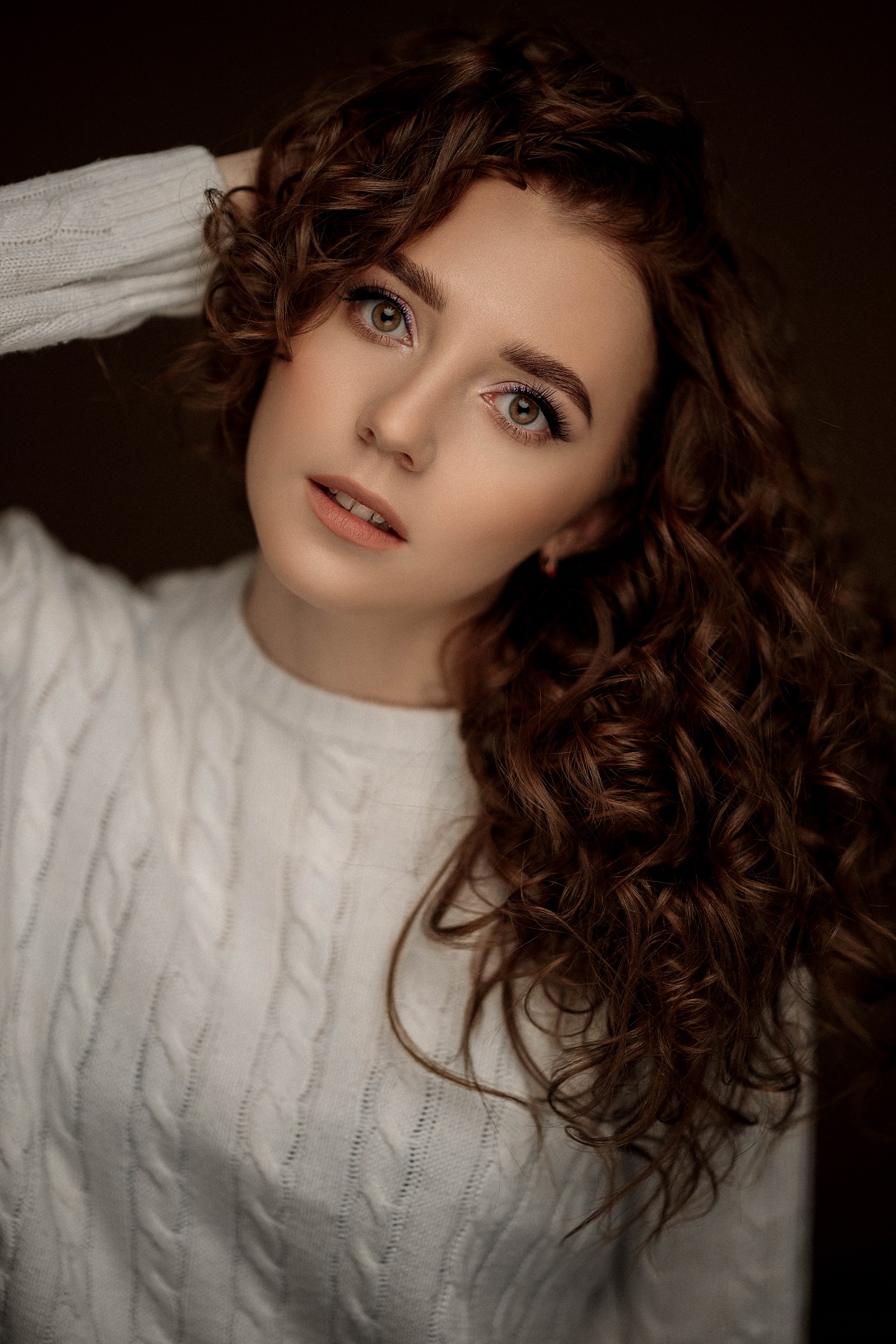 Vladimir Vasilev Women Brunette Curly Hair Head Tilt White Clothing Simple Background Portrait 1440x2159