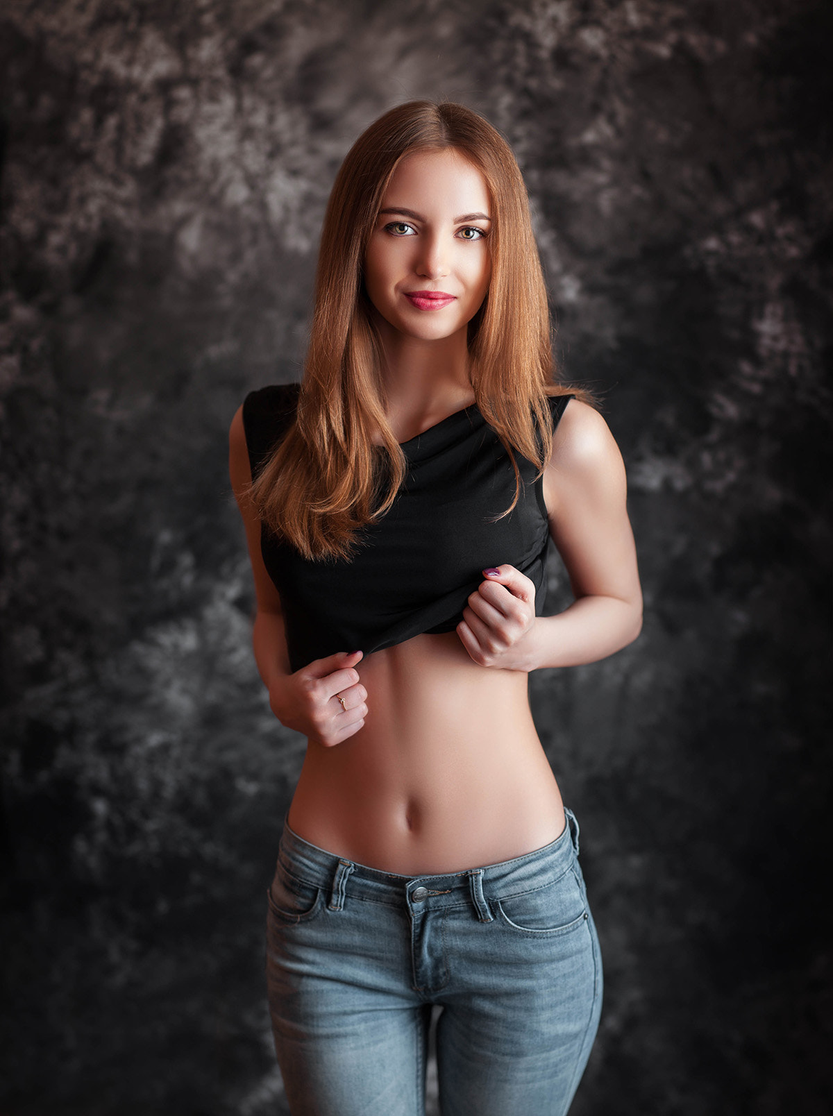 Aleksei Gilev Women Brunette Long Hair Makeup Holding Clothes Jeans Simple Background Casual 1200x1608