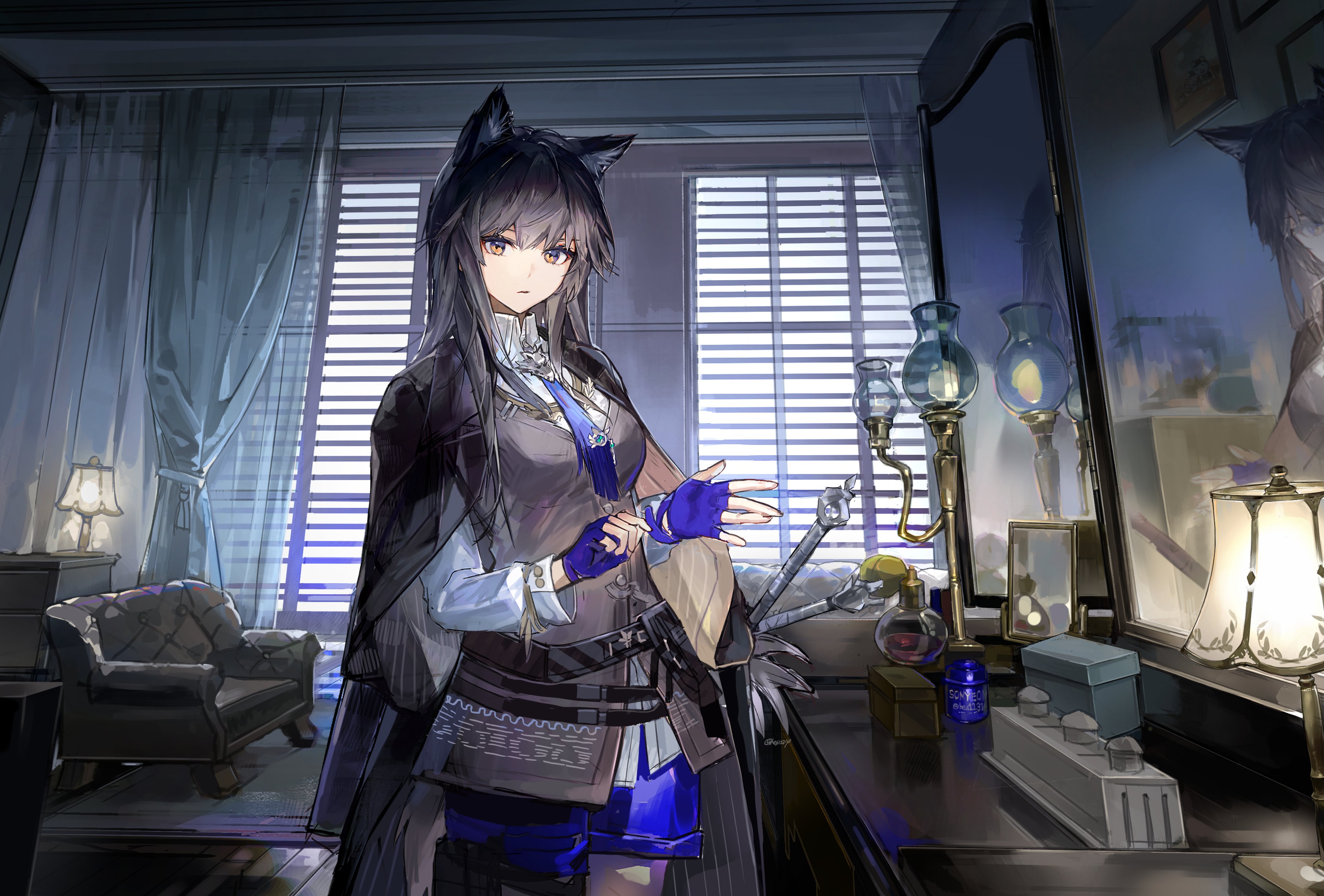 Anime Girls Arknights Animal Ears Texas Arknights Wolf Girls Wolf Tail Looking At Viewer Gloves Fing 4096x2773