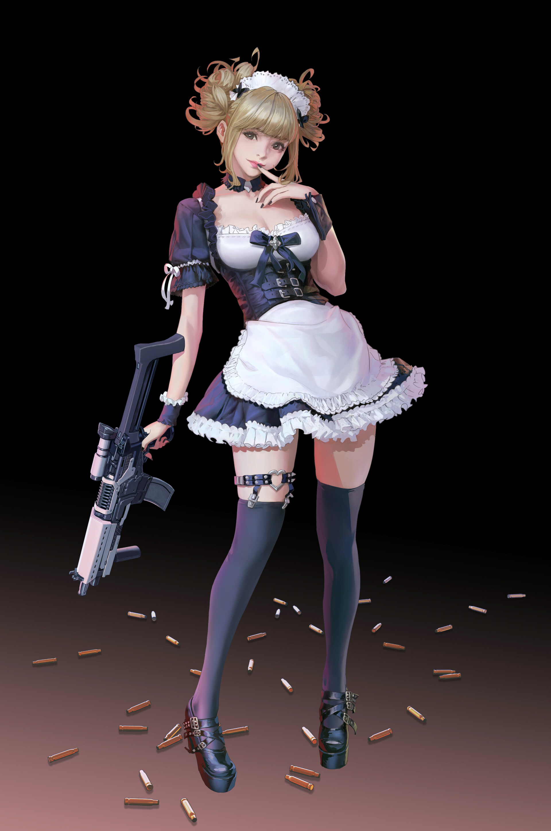 Seunghee Lee Drawing Women Blonde Maid Outfit Weapon Submachine Gun Bullet Dark Gun Anime Girls Ammu 1920x2897