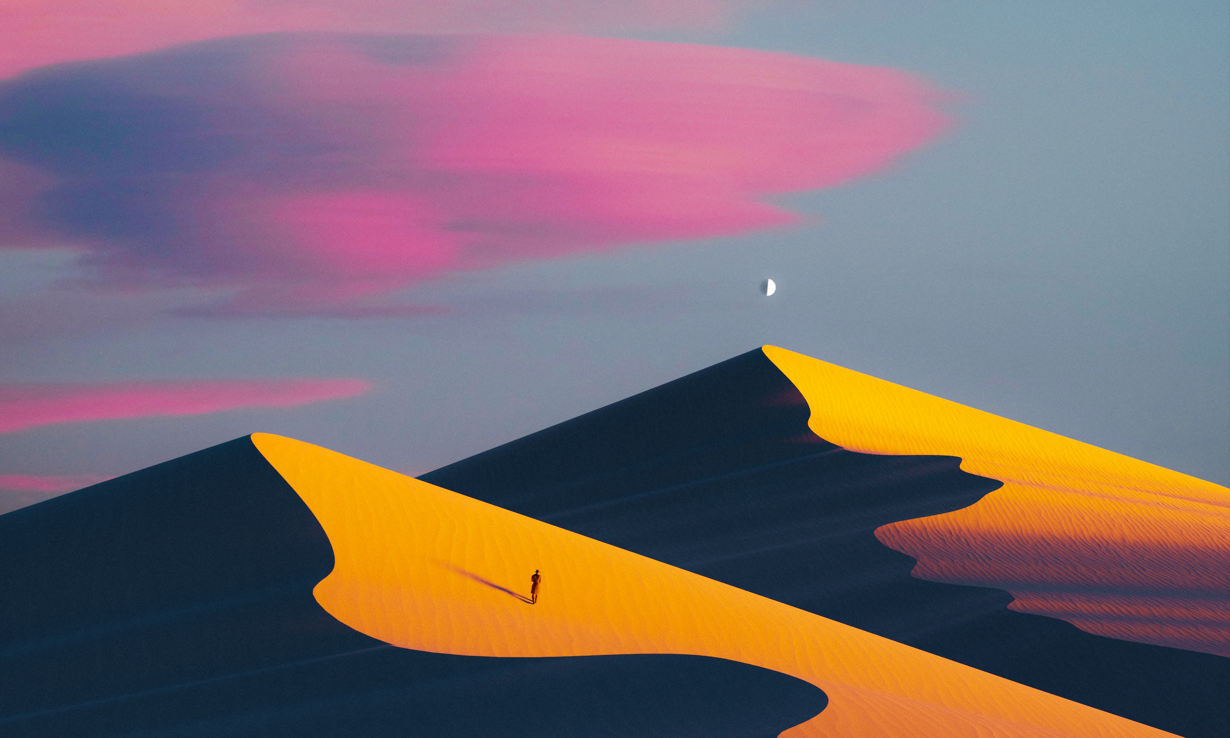 Digital Art Artwork Illustration Dunes Desert Landscape Sand Sky Clouds Sunlight Moon Simple Backgro 2400x1440