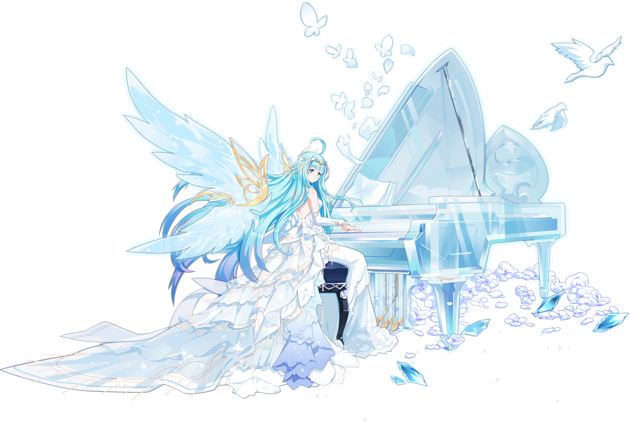 Aura Star Anime Girls Piano Birds Butterfly Flowers Petals 2111x1414