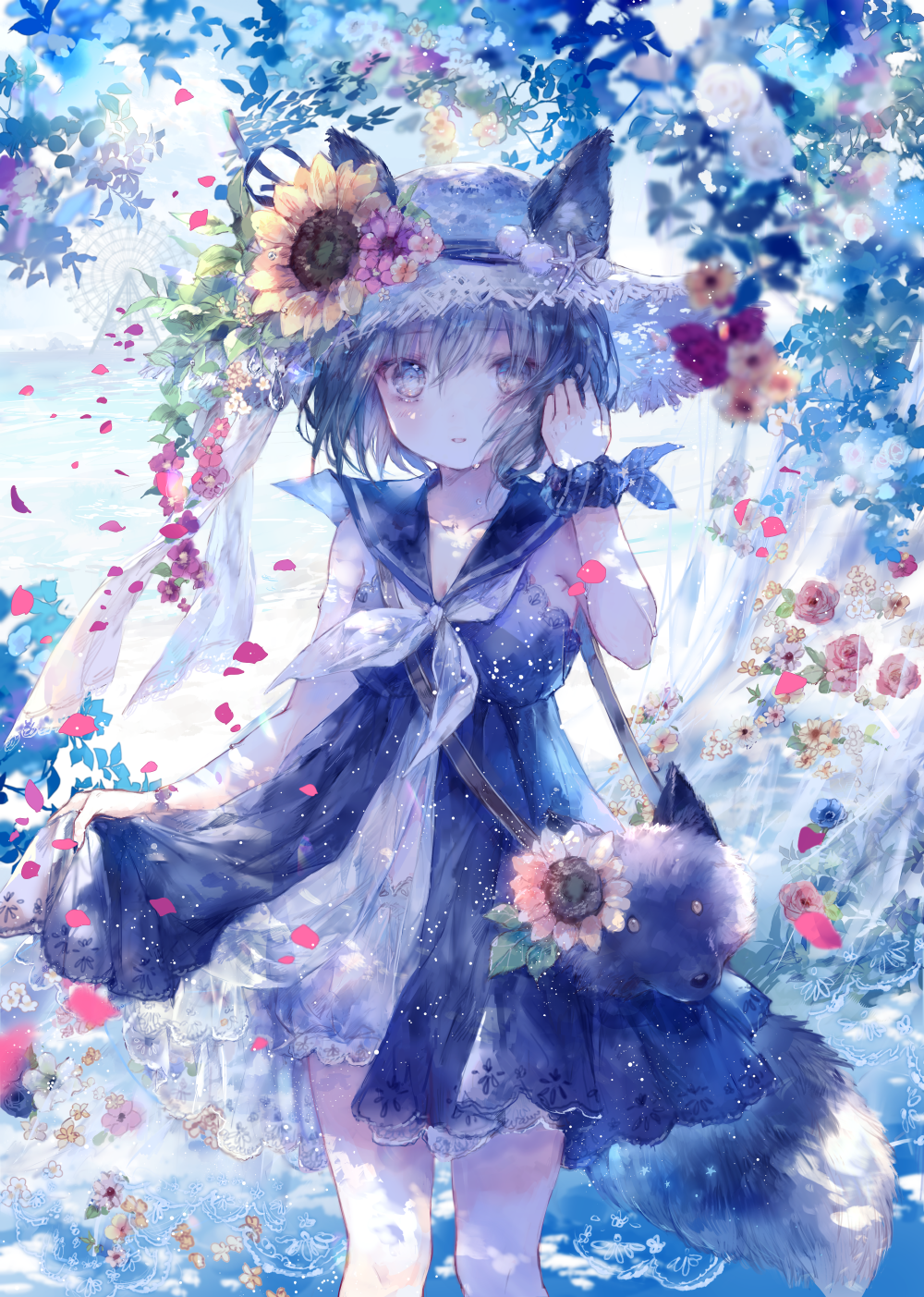 Anime Anime Girls Portrait Display Cat Girl Cat Ears Cat Tail Looking At Viewer Short Hair Flowers P 1000x1403