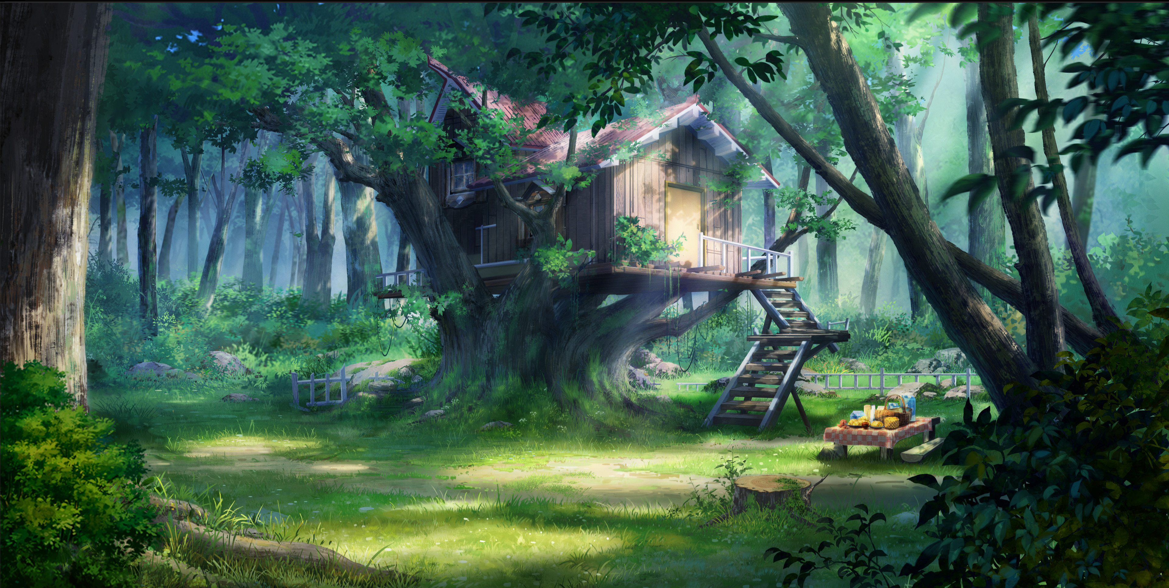 Digital Art Artwork Illustration Landscape Nature Forest Trees Tree House House Grass Picnic 3840x1933
