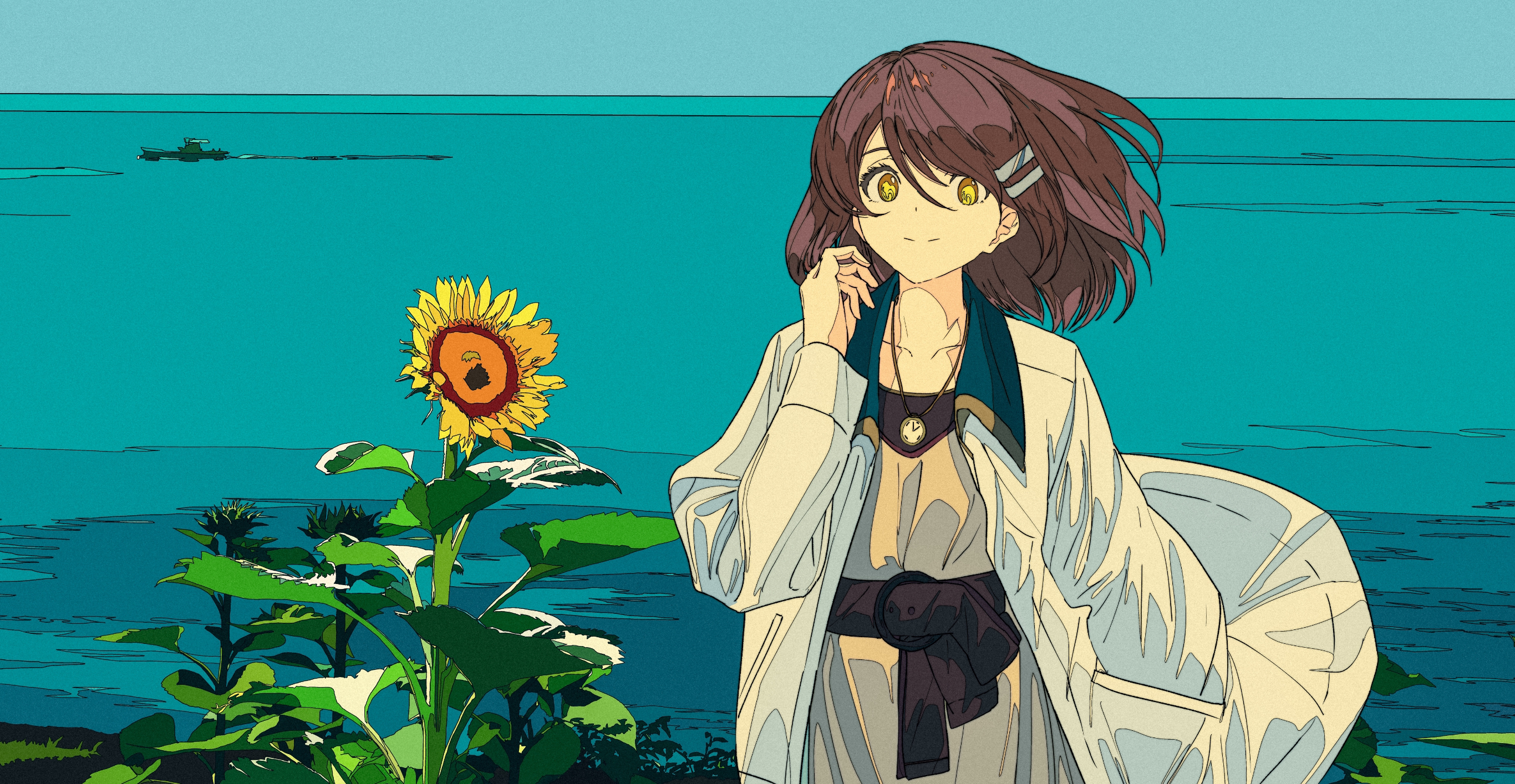 Cogecha Anime Anime Girls Smiling Looking At Viewer Flowers Leaves Short Hair Brunette Brown Eyes Wa 2732x1415