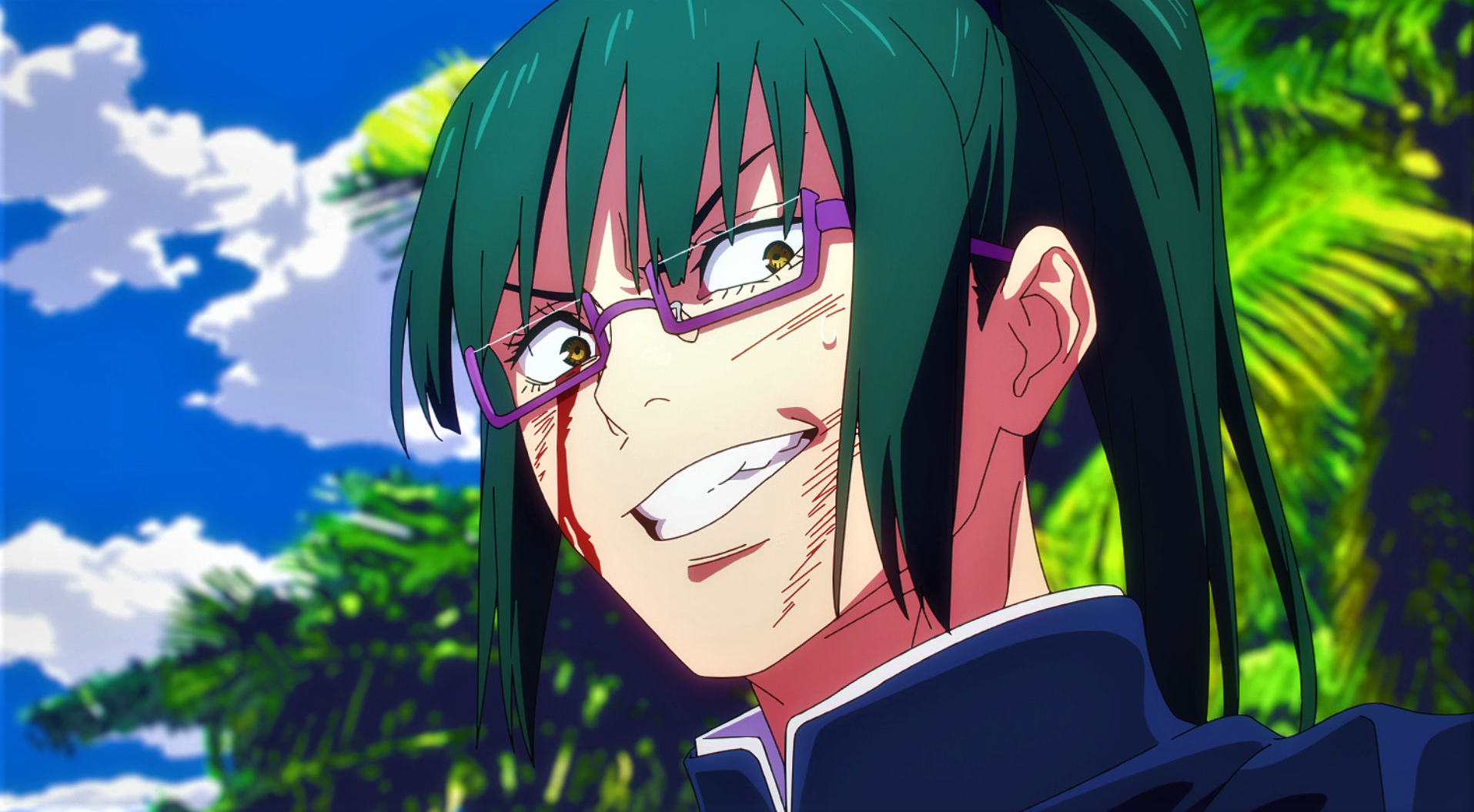 Jujutsu Kaisen Maki Zenin Smiling Glasses Green Hair Ponytail Trees Sky Anime Anime Screenshot Anime 1915x1055