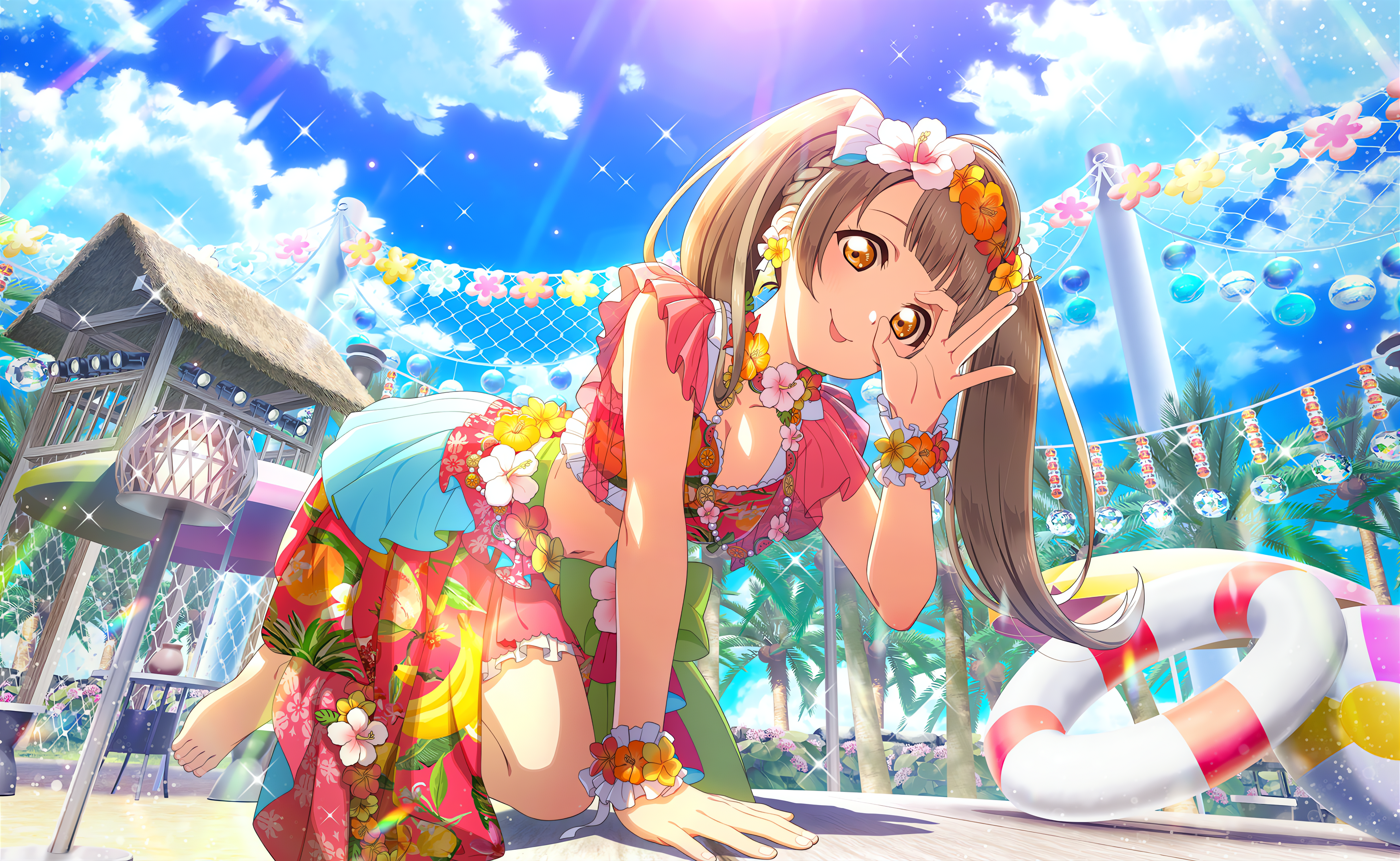 Minami Kotori Love Live Anime Anime Girls Floater Sky Clouds Sunlight Tongue Out Twintails Flower In 4096x2520